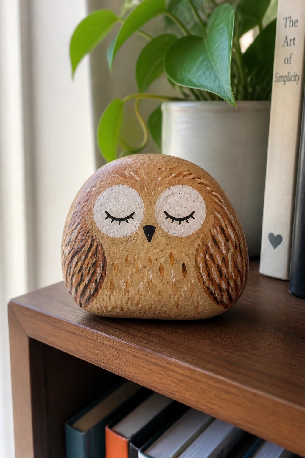 Painted brown owl rock with closed white eyes on wooden bookshelf
