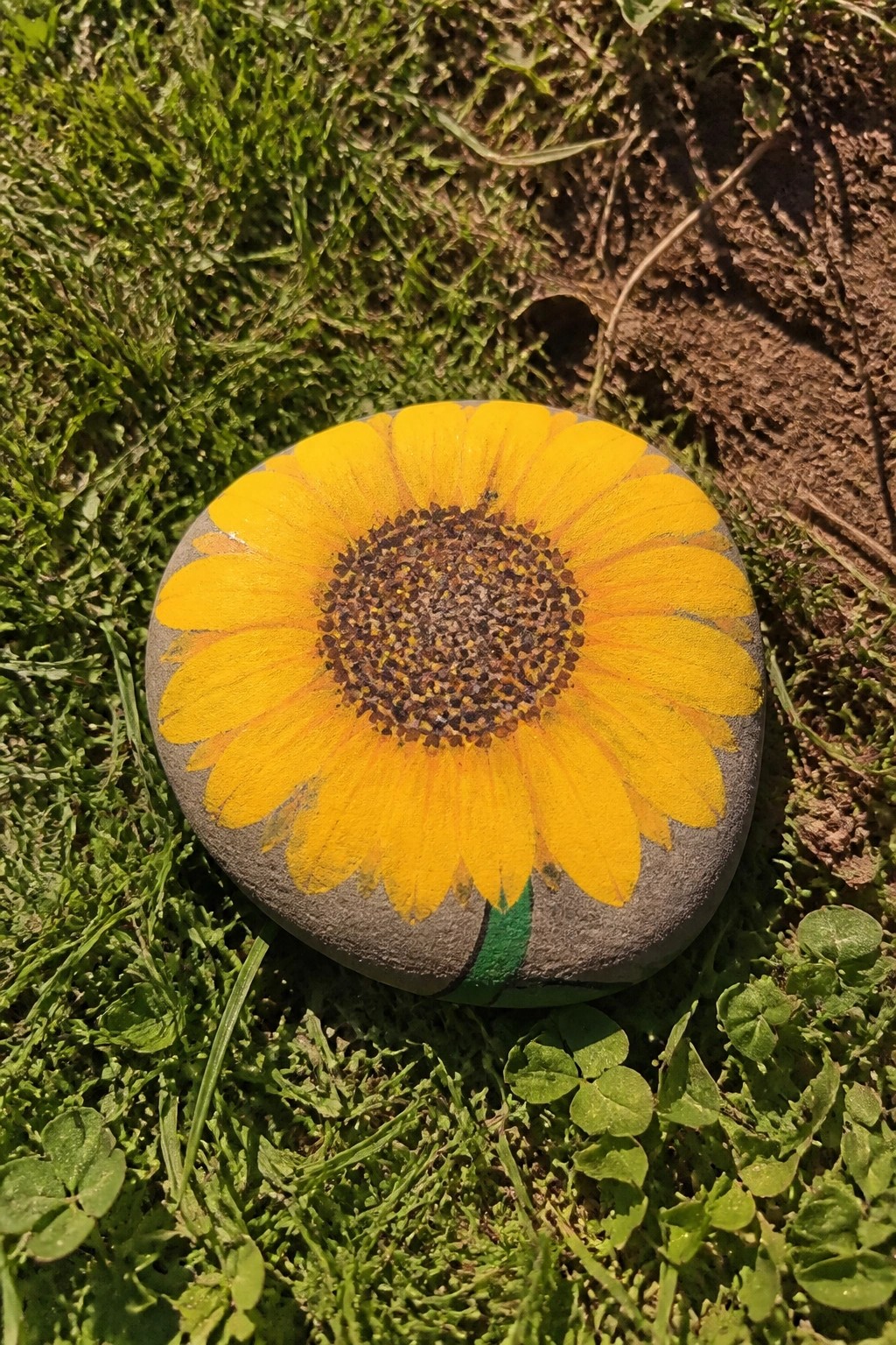 Yellow sunflower with brown center and green stem painted on gray rock in grass
