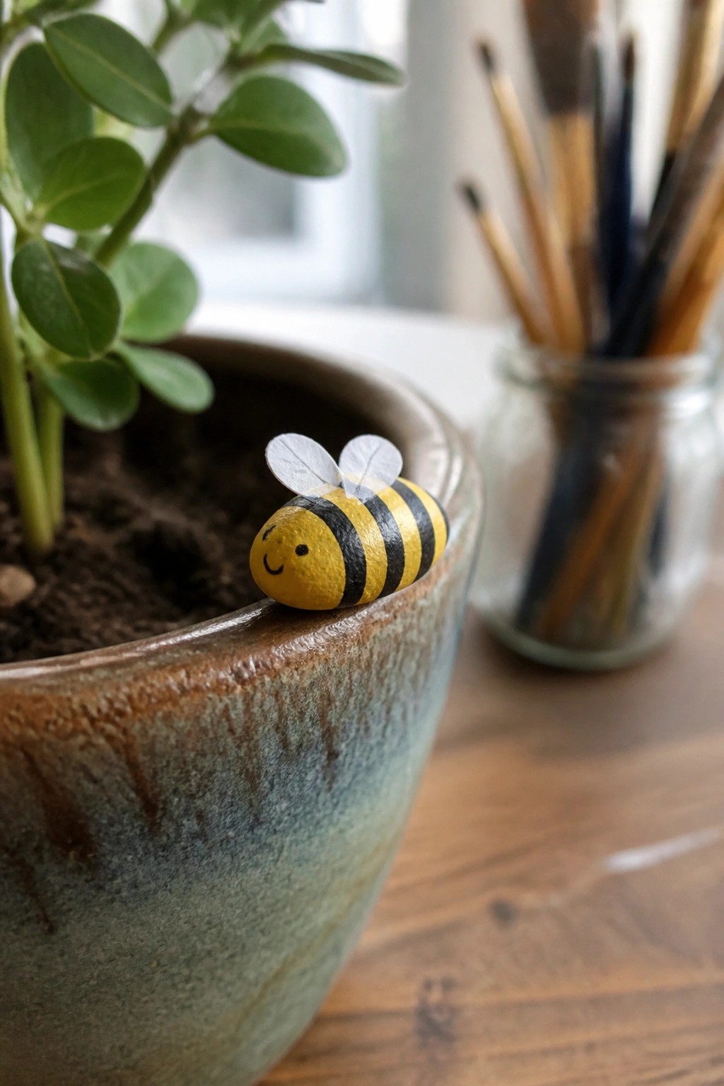 Smiling yellow and black striped bee painted on rock perched on ceramic plant pot.