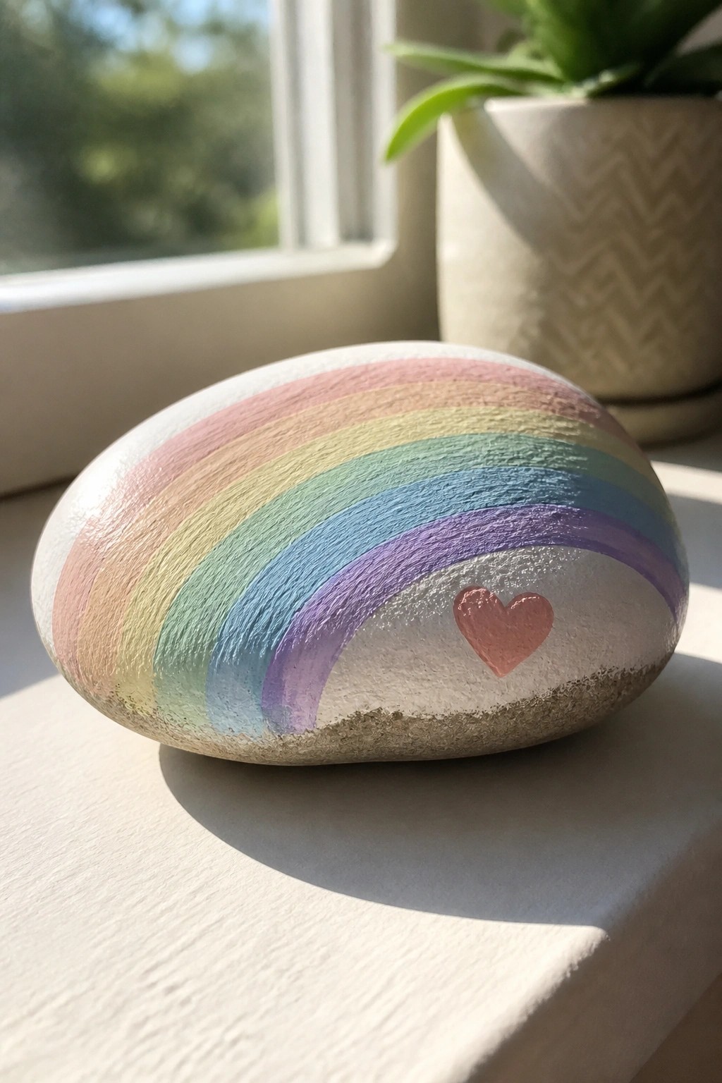 Smooth rock with pastel rainbow stripes and pink heart on sunny windowsill