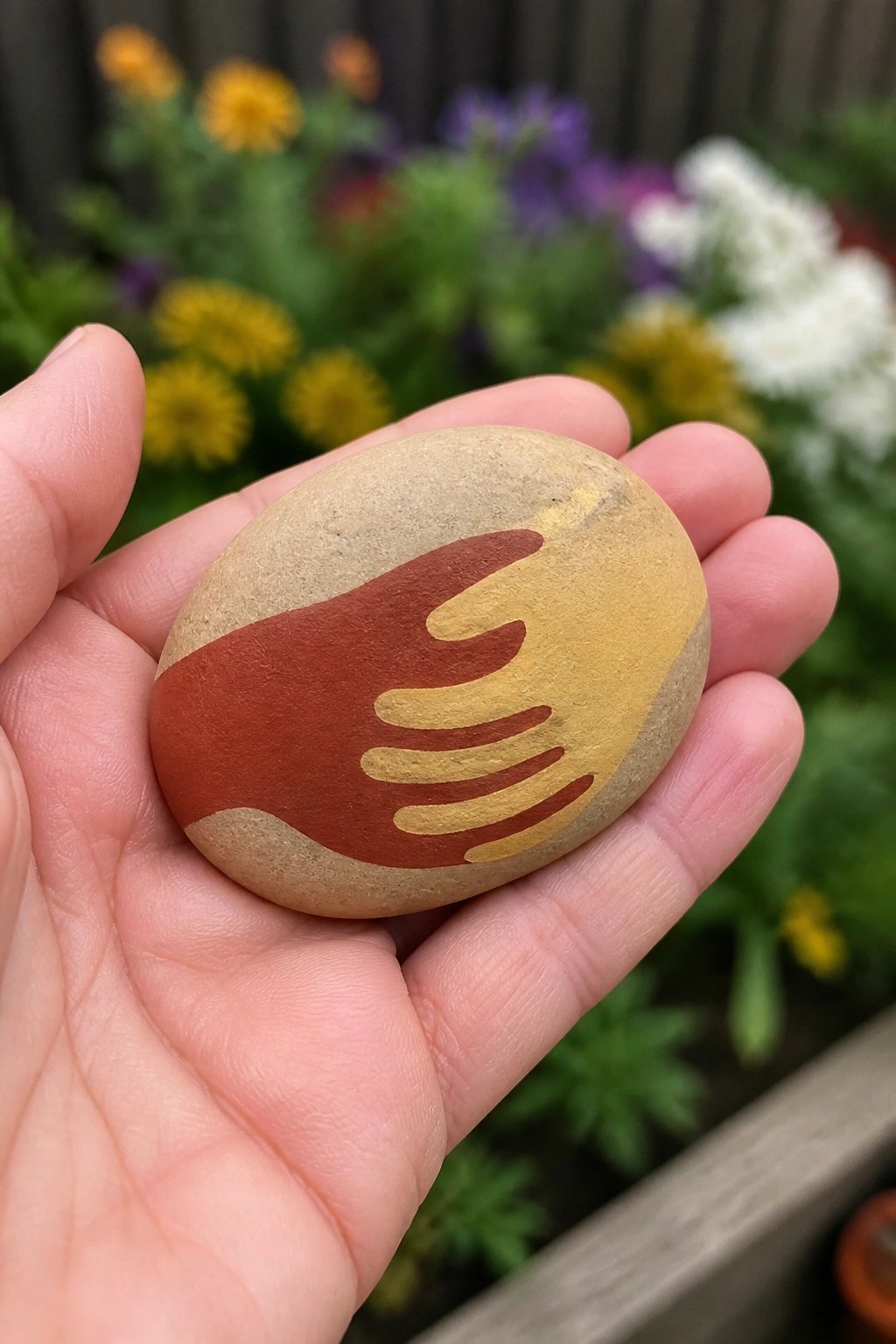 Hand holding oval stone painted with overlapping red and gold hands