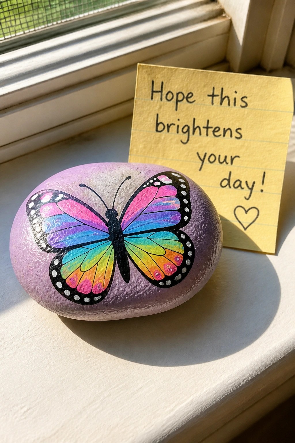 Painted purple rock with rainbow butterfly beside yellow encouraging note on windowsill