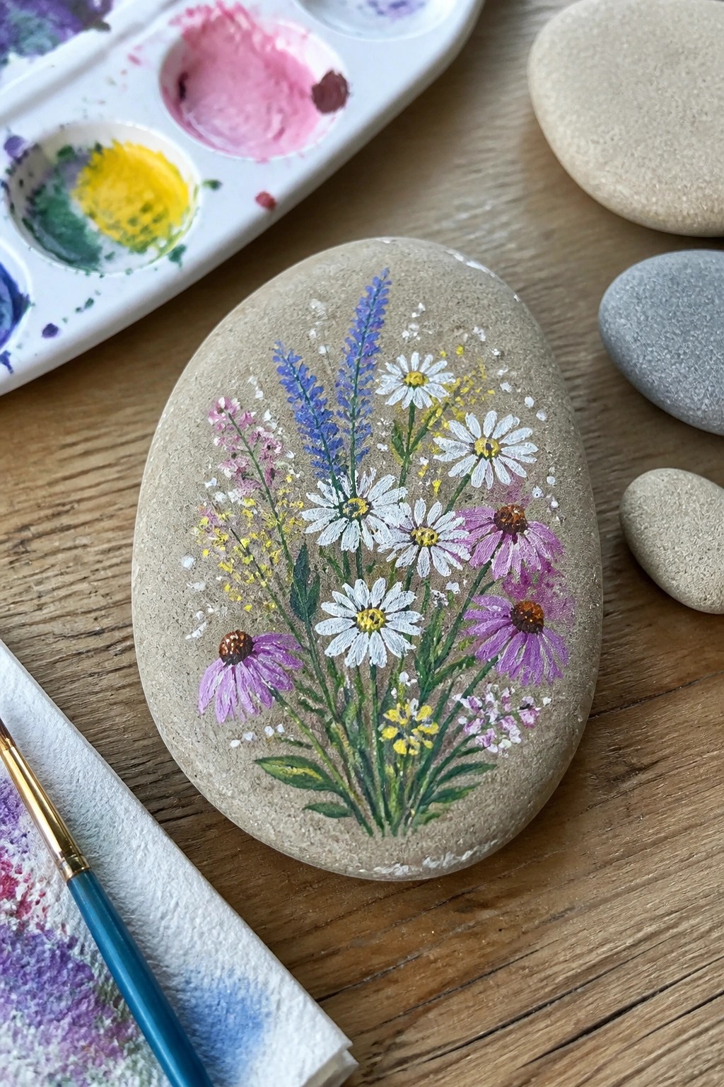 Painted oval stone with white daisies and purple flowers near palette and brush on wood