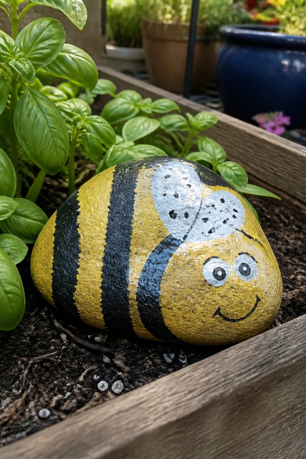 Painted yellow and black striped bee rock in soil among basil plants.