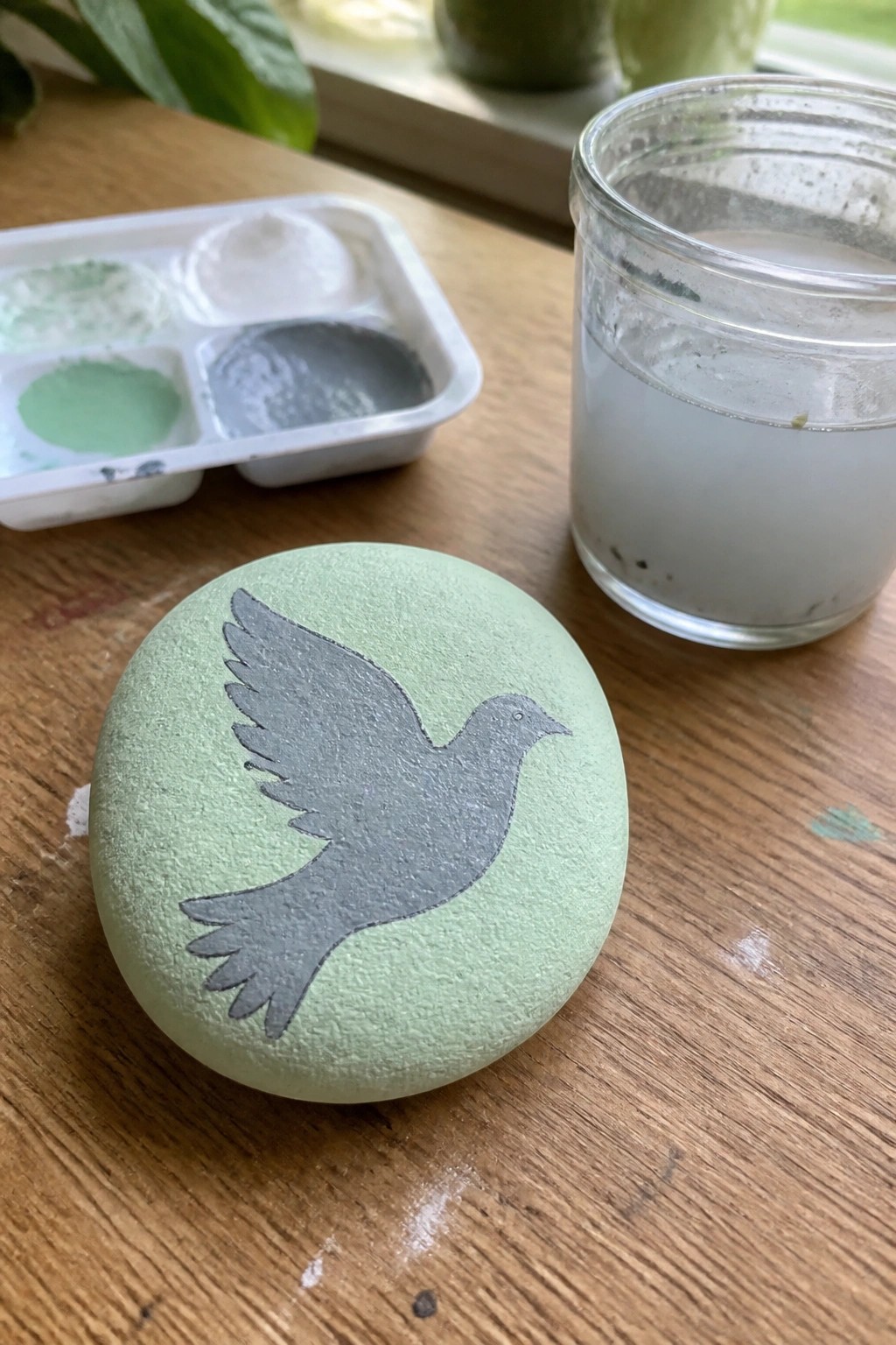 Light green painted rock with gray bird on wooden table beside paints and jar