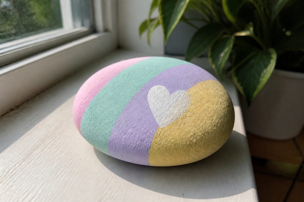 Pastel-striped egg with white heart on sunny windowsill near green plant
