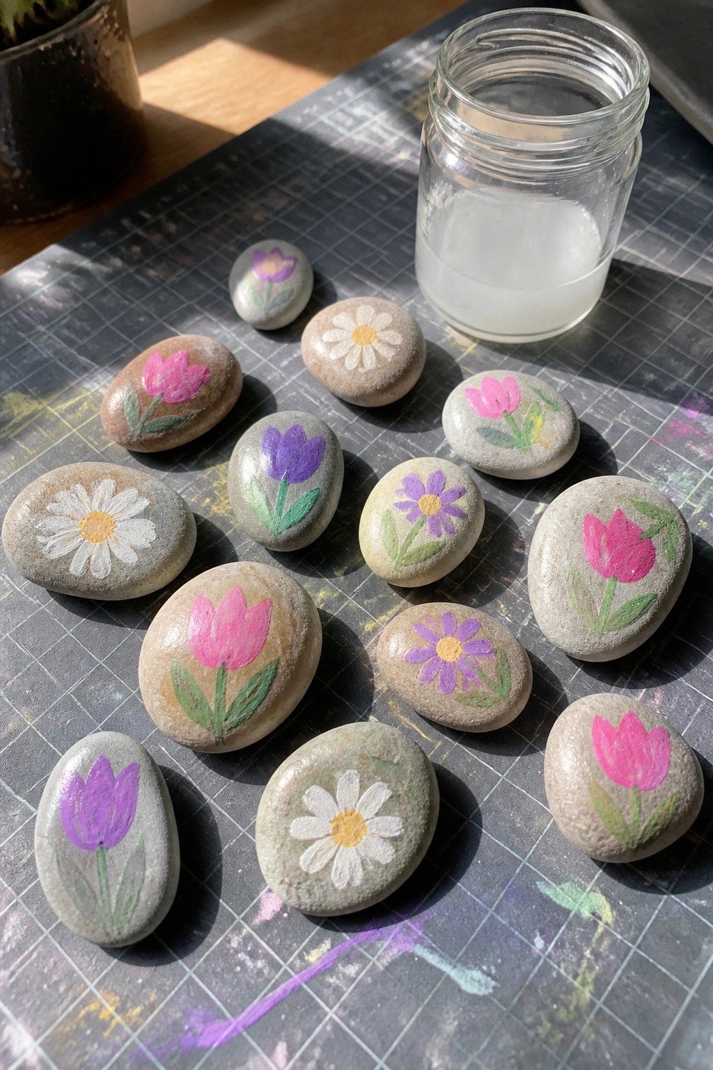 Hand-painted rocks with pink and purple flowers beside a jar of white paint on a mat