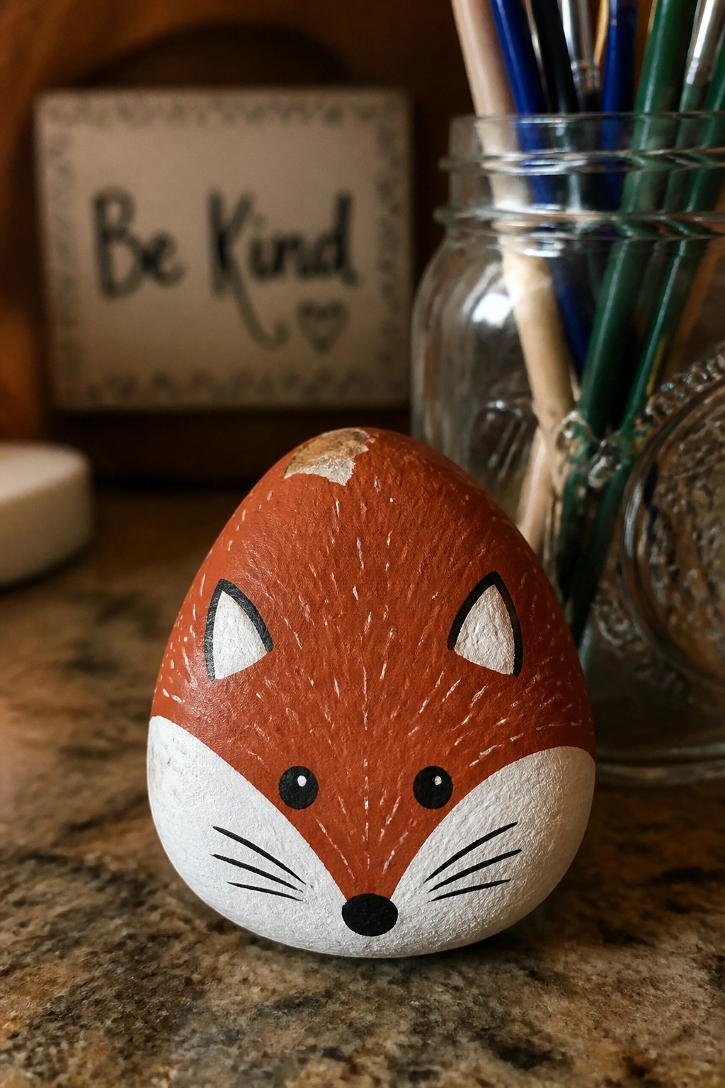 Painted orange fox rock with white muzzle on granite counter near paintbrushes and sign