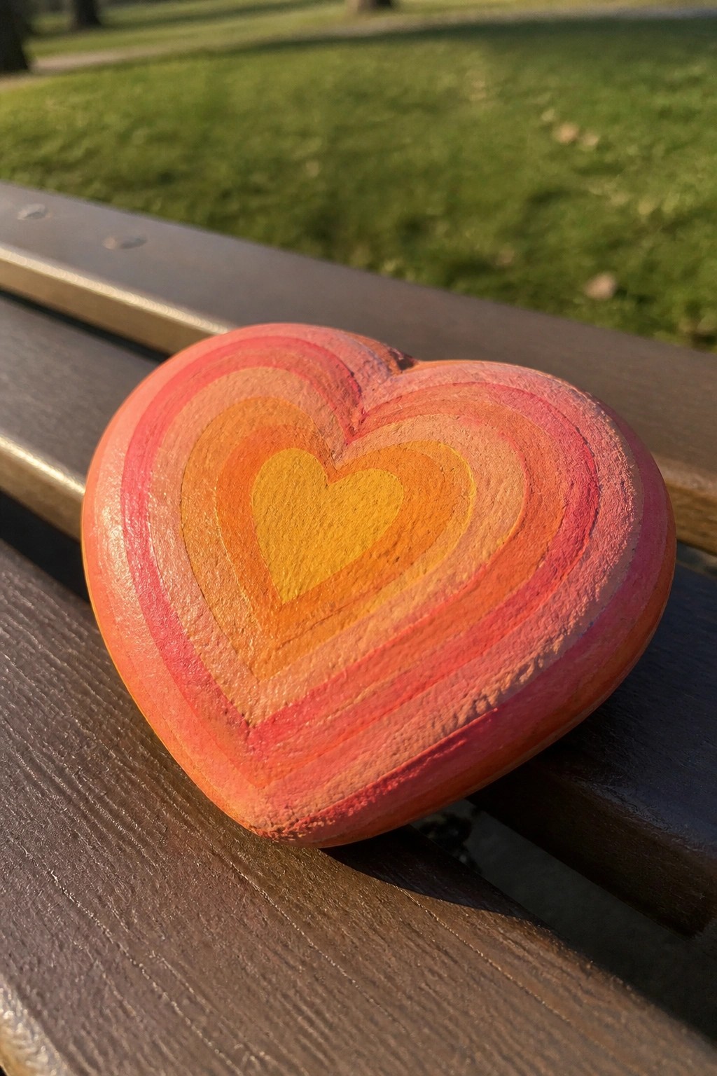 Colorful wooden heart painted with concentric red, orange, and yellow layers on park bench