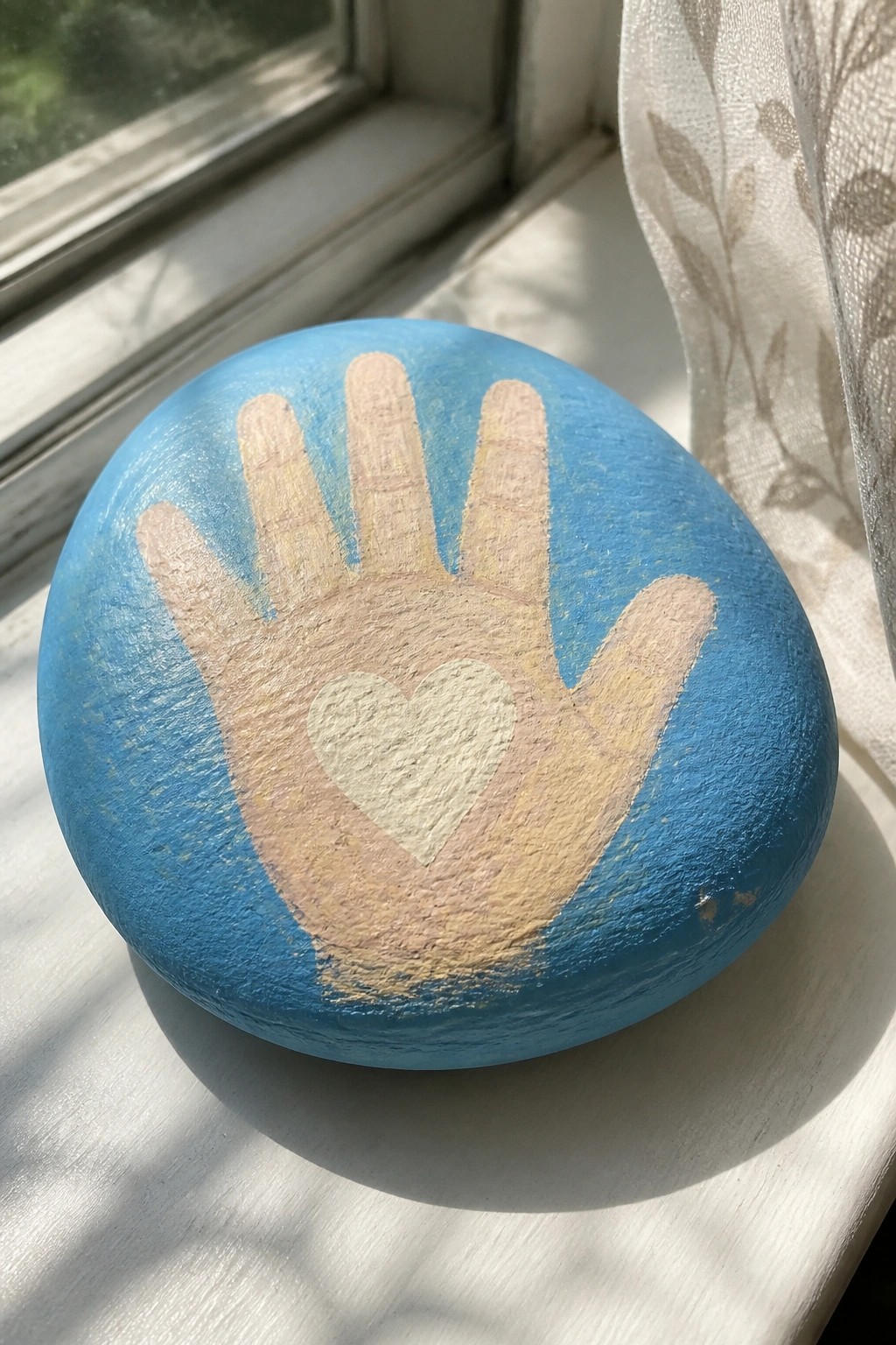 Blue painted rock with handprint and white heart on sunlit windowsill near curtain