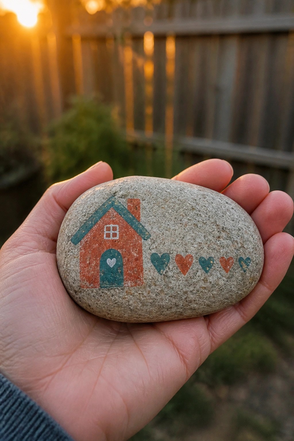 Hand holding painted rock with orange house, teal roof, and five hearts