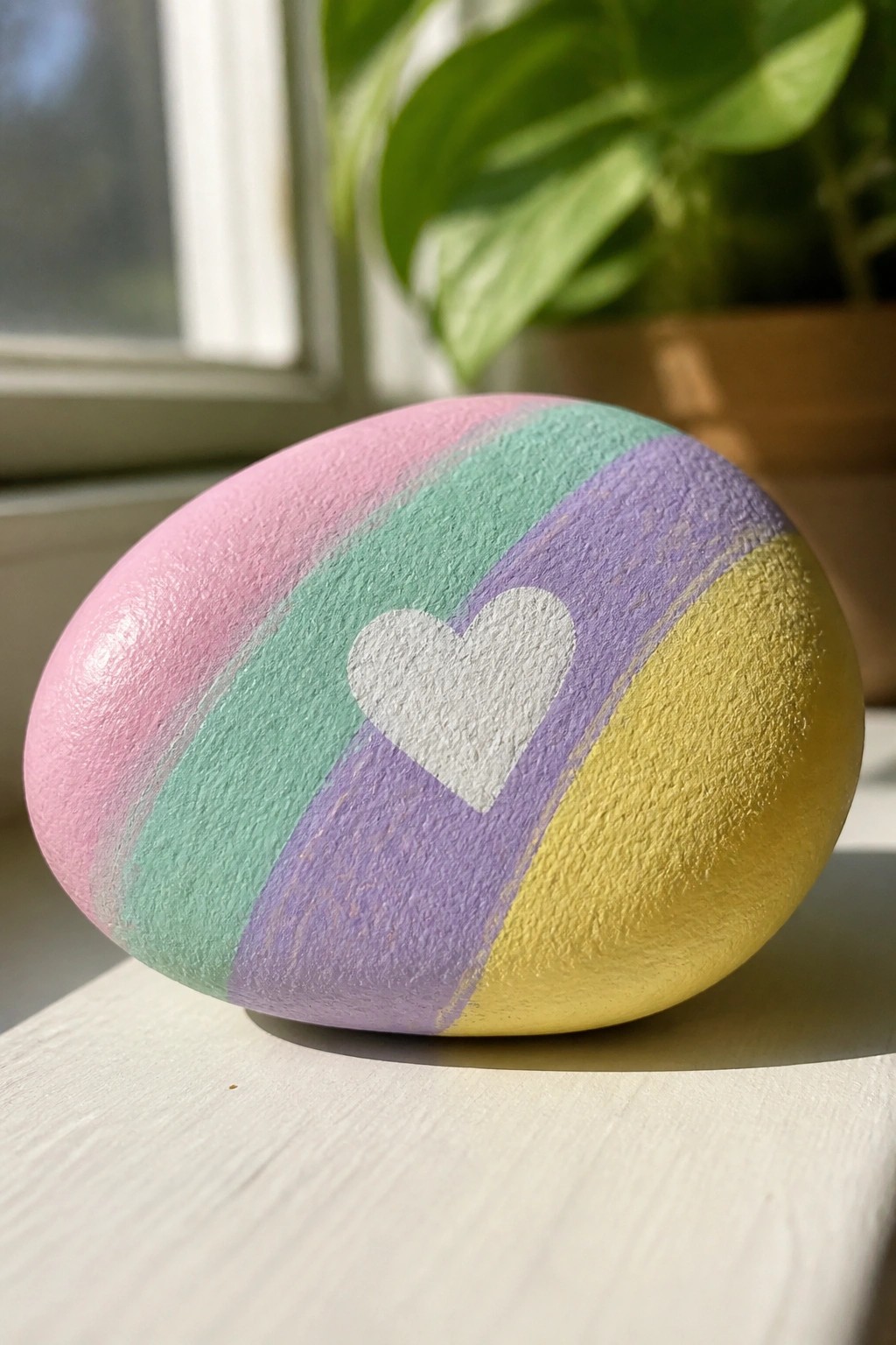 Pastel-striped egg with white heart on sunny windowsill near green plant