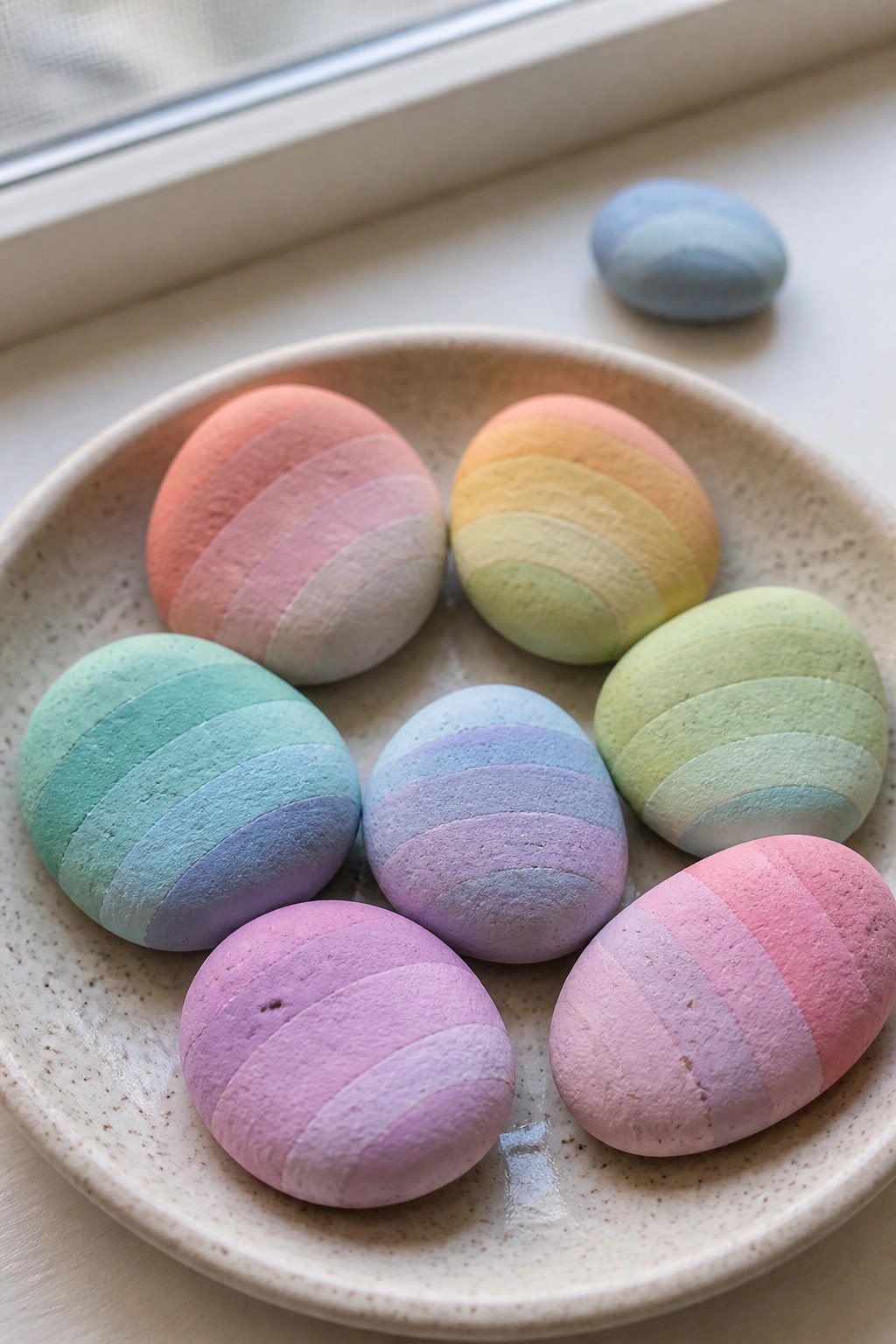 Pastel rainbow-striped eggs arranged in a speckled ceramic bowl on a windowsill.