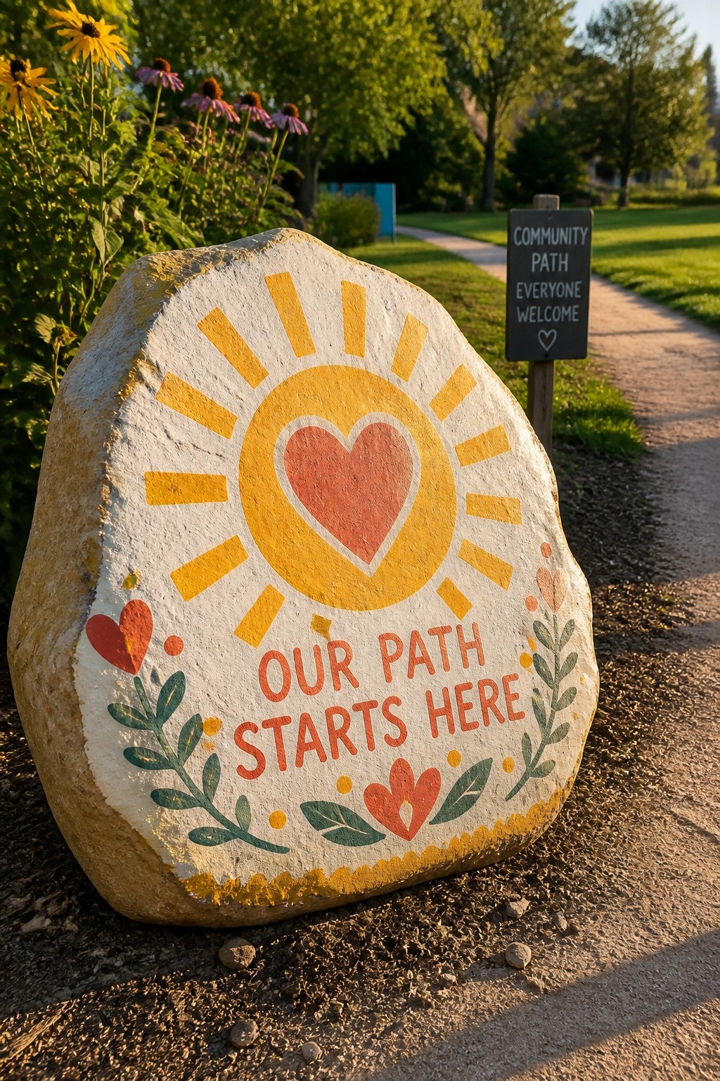 Painted rock with yellow sun, red heart, and 