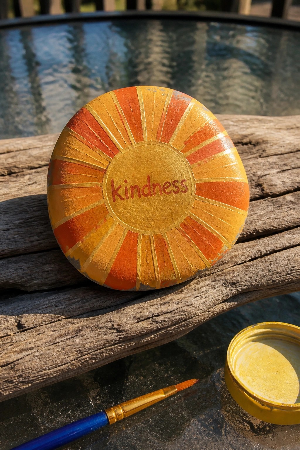 Painted rock with orange-yellow sunburst and 