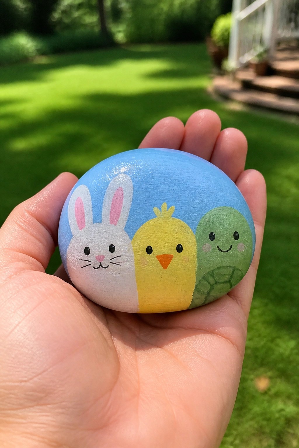 Hand holding light blue rock painted with white bunny, yellow chick, green turtle
