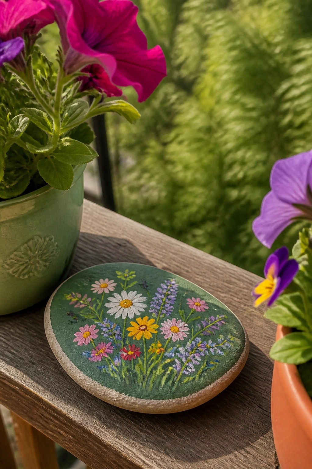 A painted oval rock with colorful wildflowers on a green background sits on a wooden surface between two flower pots.