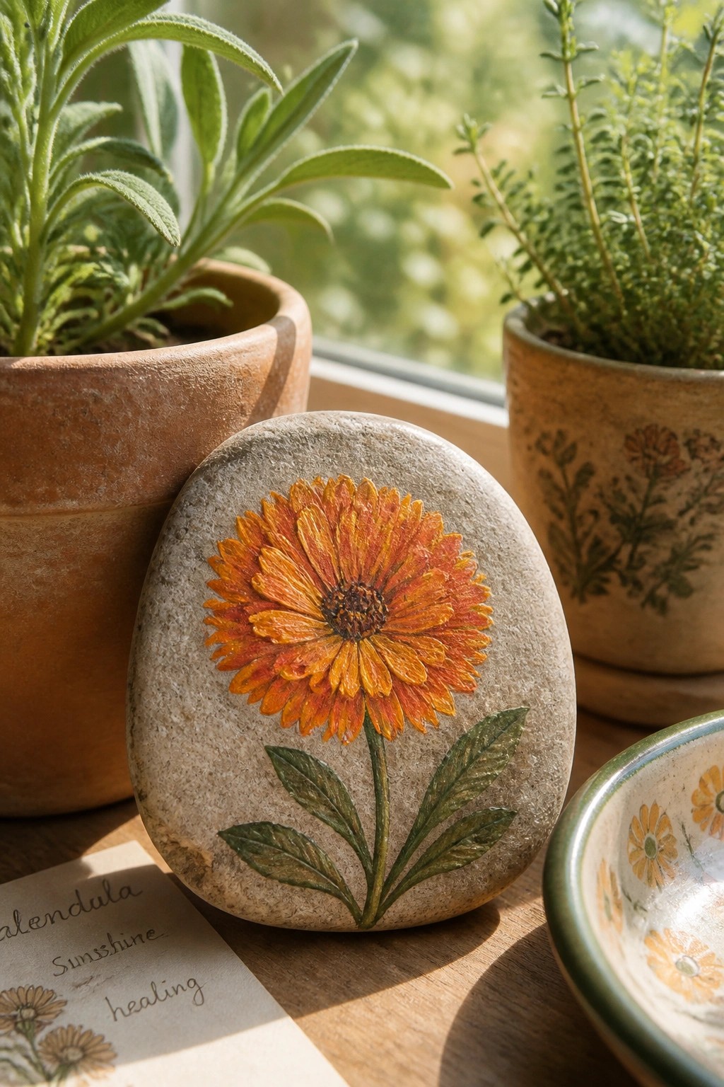 Gray stone painted with vibrant orange flower and leaves near potted herbs