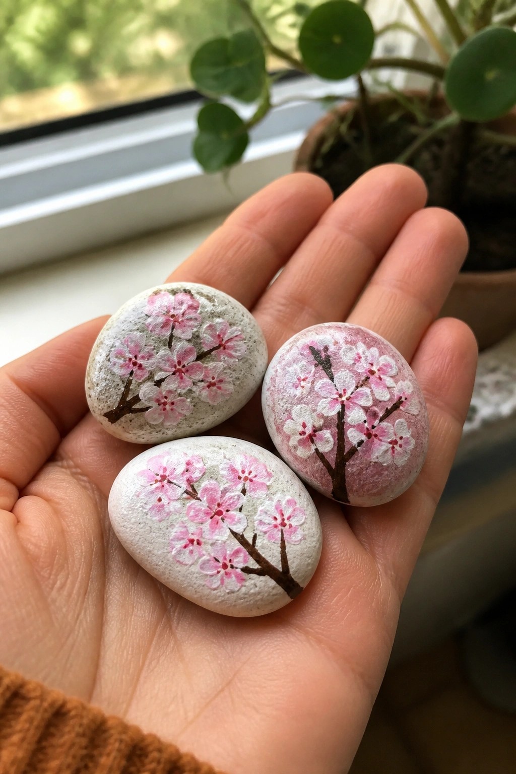 Hand holding three white stones painted with pink cherry blossoms near window plant.