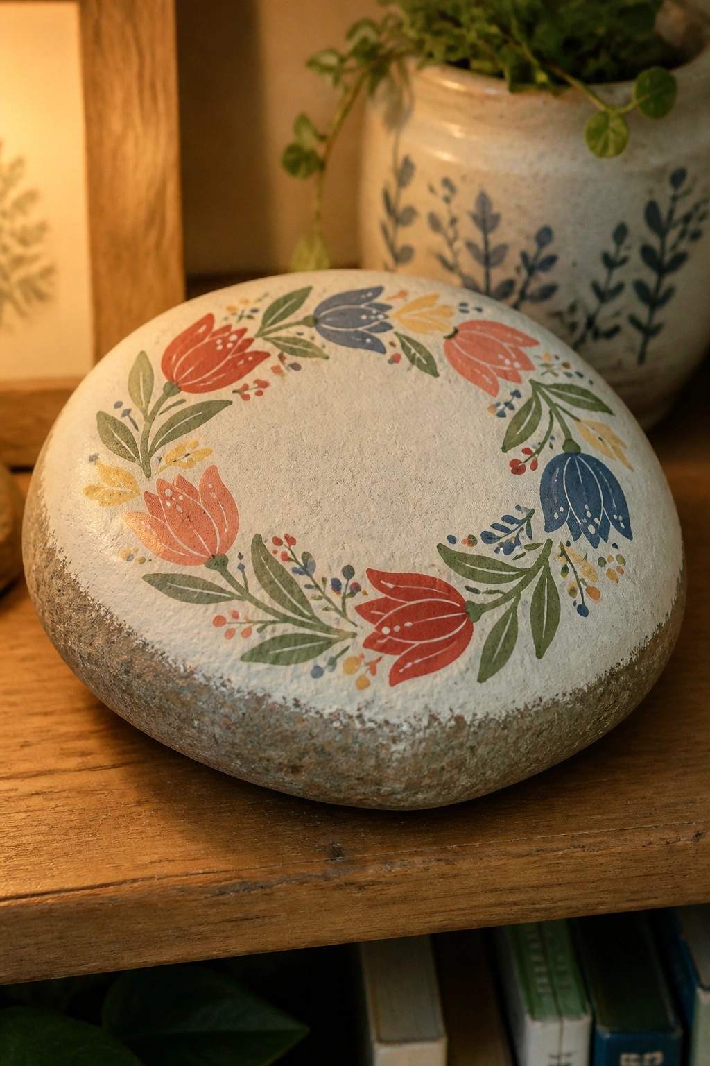 Painted stone with colorful floral wreath on wooden shelf beside potted plant