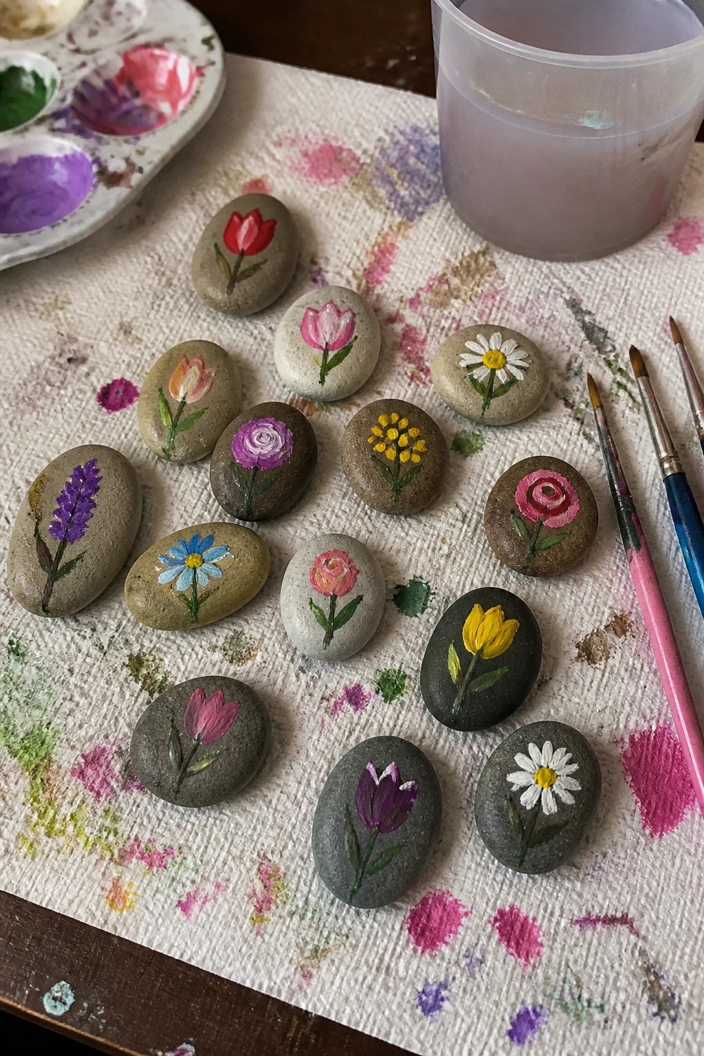Painted rocks featuring colorful flowers on a splattered cloth with art supplies nearby.