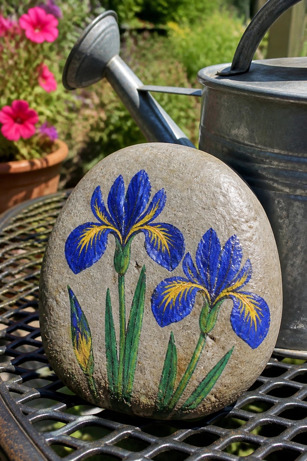 Painted rock with blue and yellow irises beside a metal watering can.