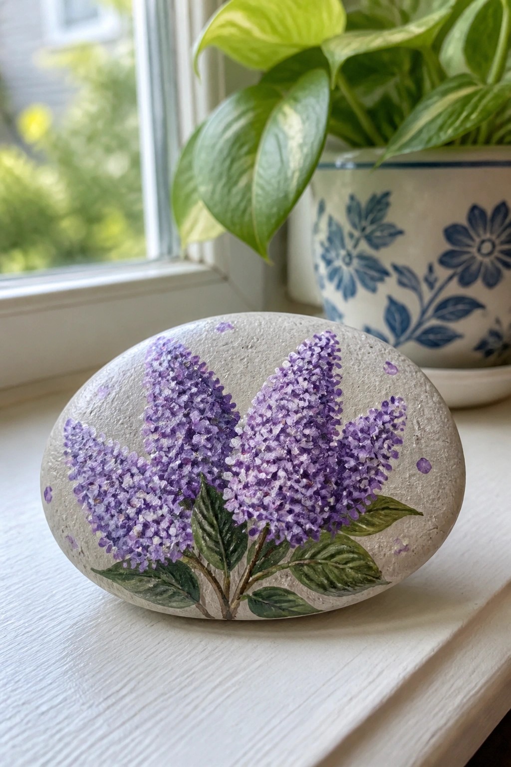Painted gray stone with purple lilac flowers and green leaves on windowsill