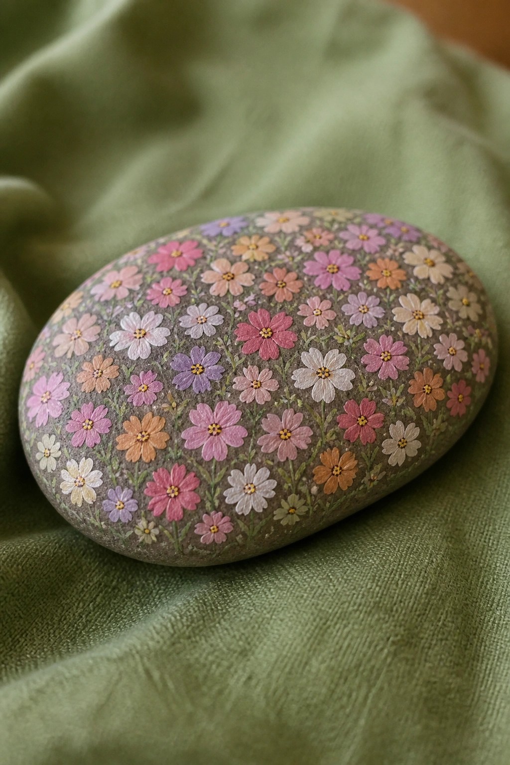Oval stone painted with dense pink, purple, and orange flowers on green fabric