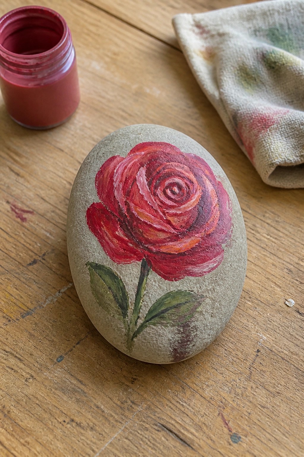 Painted stone with red rose beside open paint jar and cloth on wood