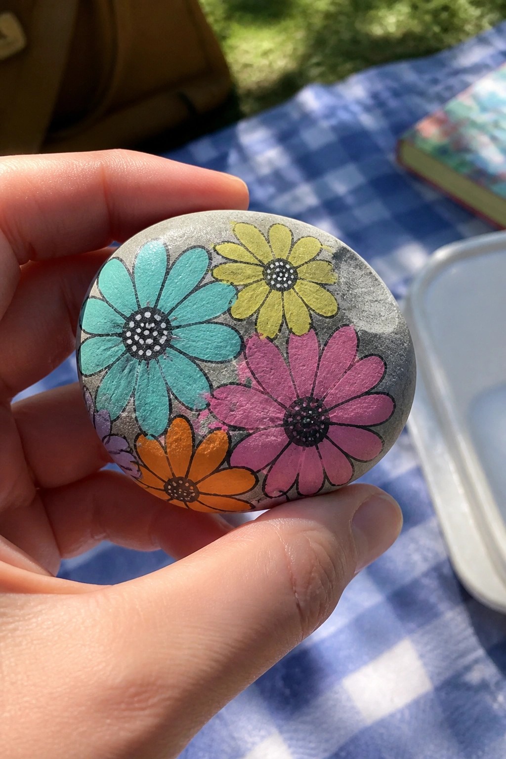 Hand holding gray stone painted with colorful daisy flowers on blue checkered blanket