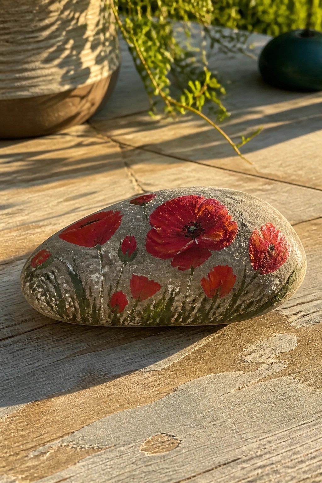 Gray stone painted with red poppies and green grass on wooden surface