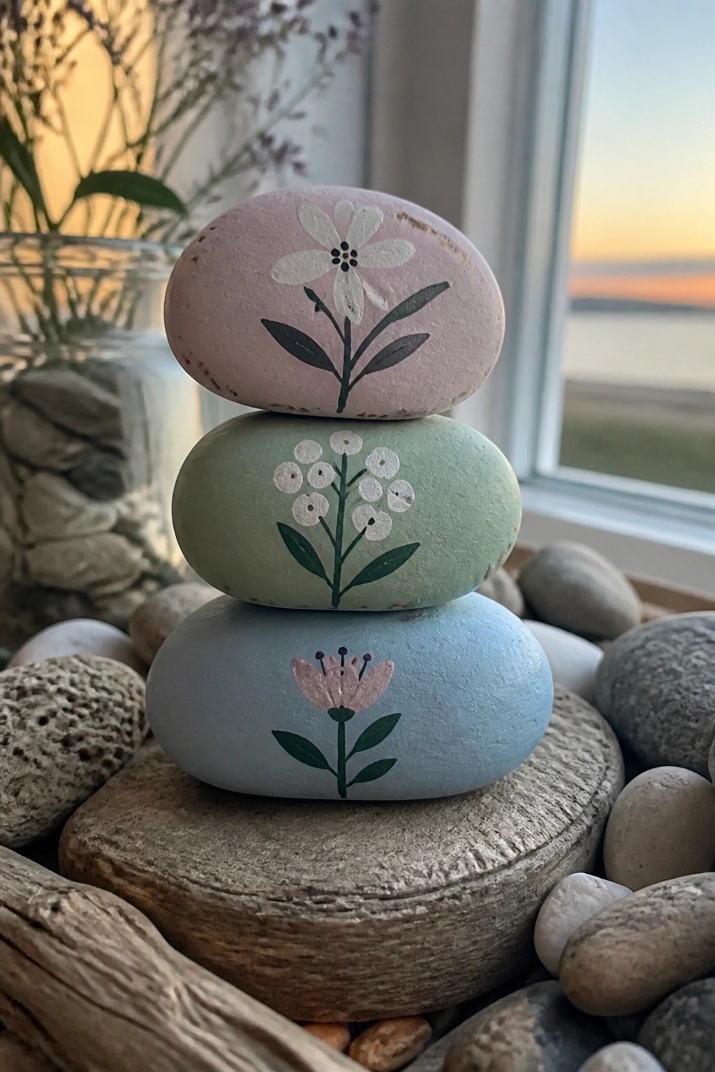 Three smooth stones stacked on a wooden surface, each painted with a different flower in pastel colors.