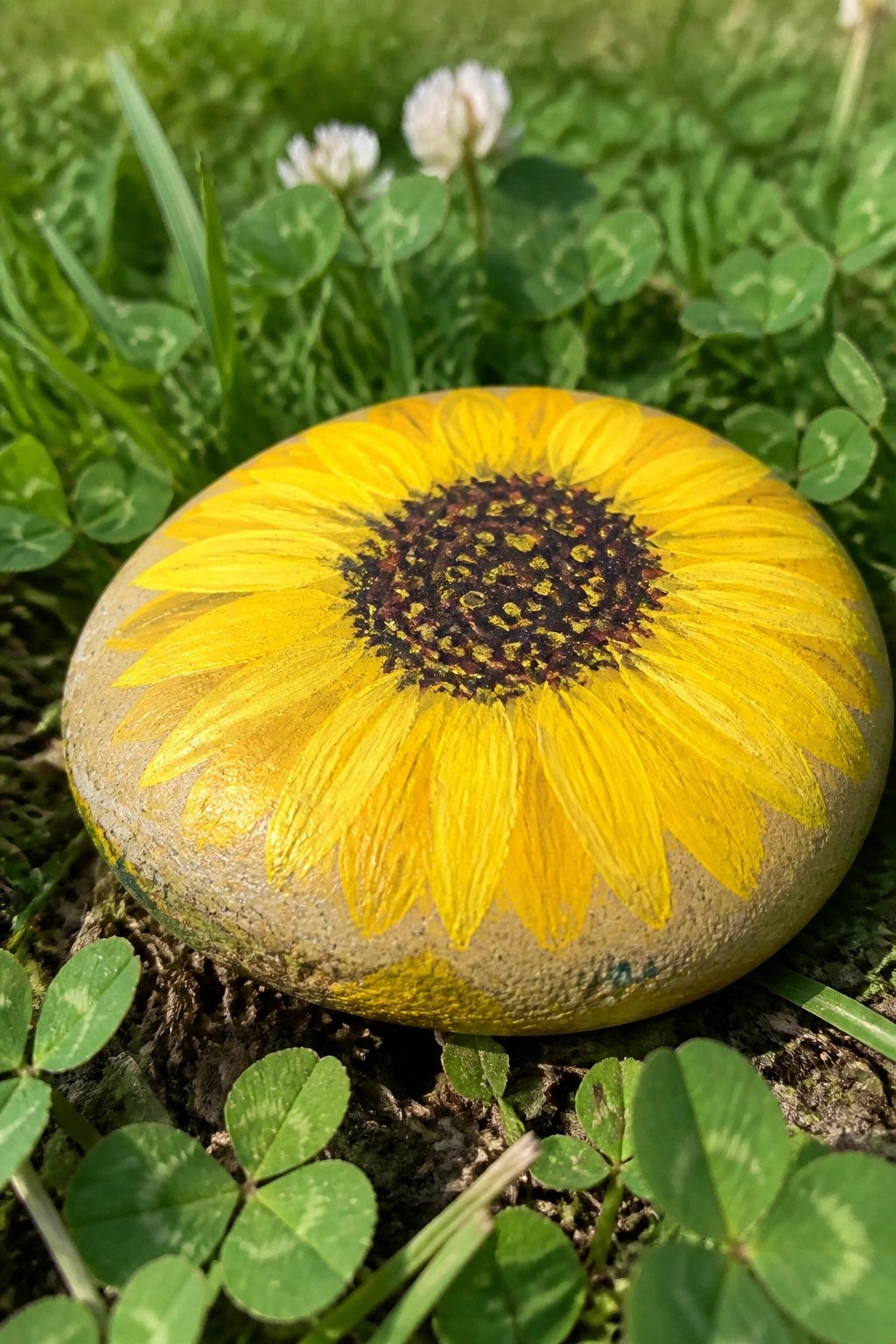 Painted stone sunflower with yellow petals and dark center on green grass with clover