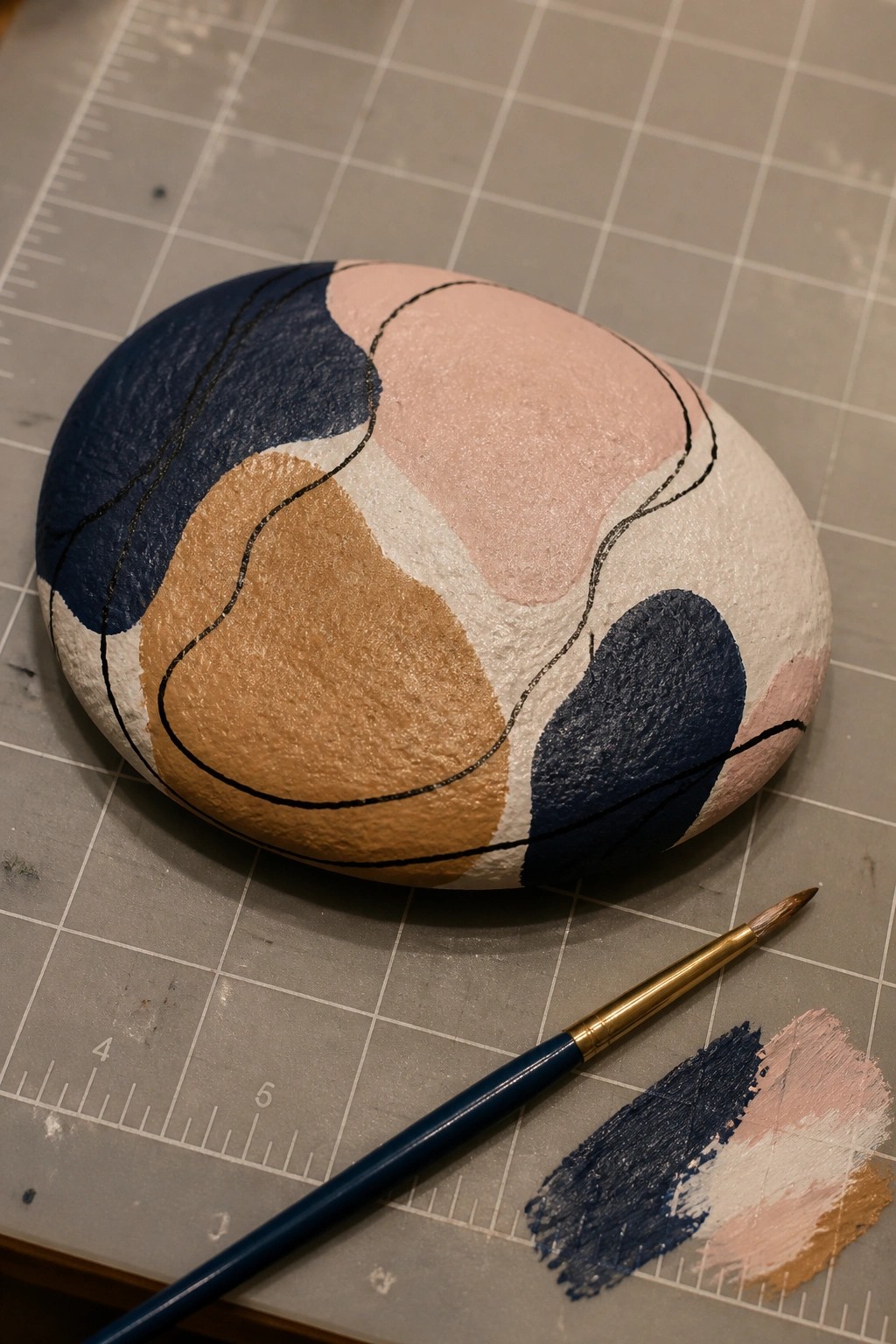 Painted stone with abstract navy, pink, and brown shapes beside brush on grid mat