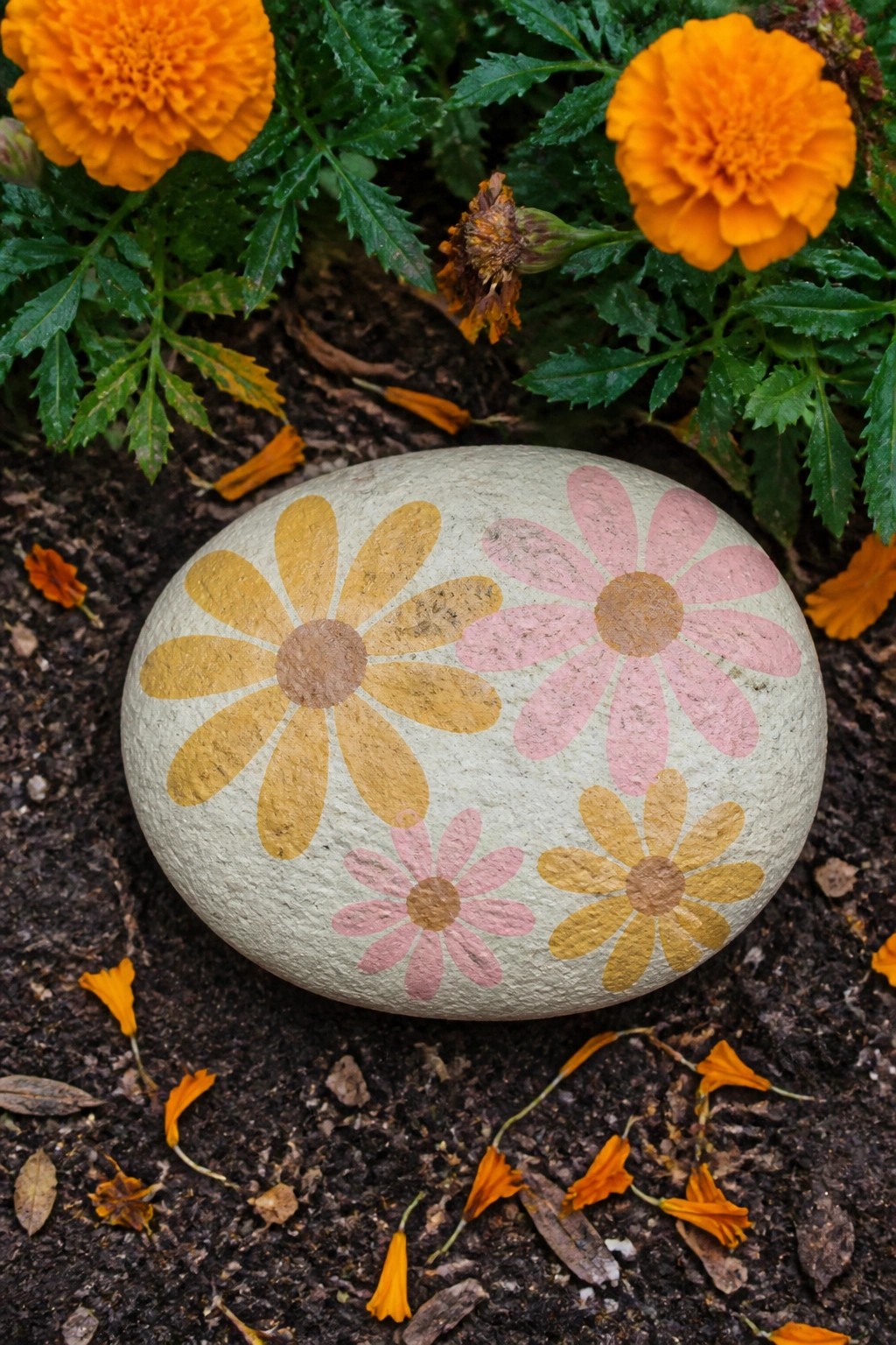 Painted gray stone with yellow and pink daisies amid orange marigolds on soil