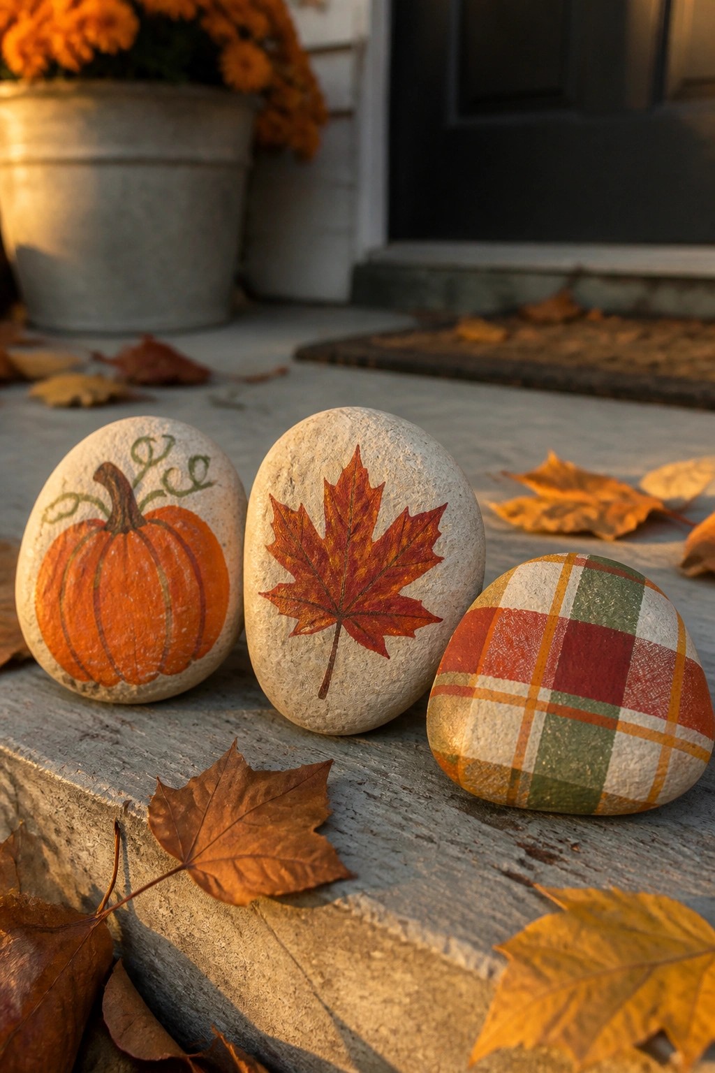Three painted rocks with pumpkin, maple leaf, and plaid on autumn steps