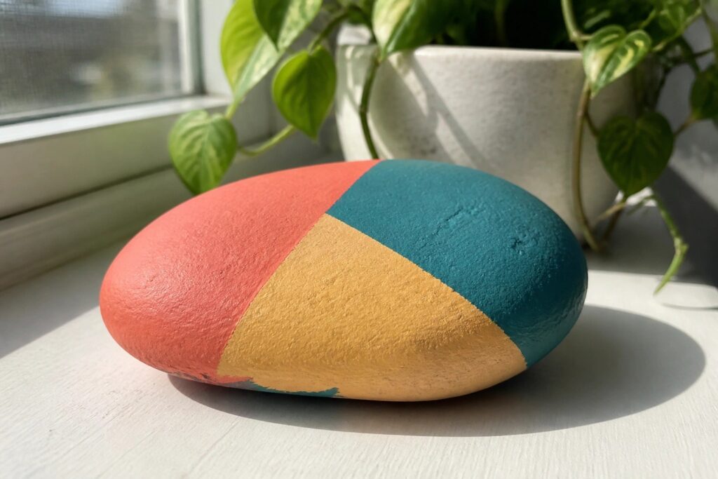 Oval stone painted red, teal, and yellow on white windowsill near green plant
