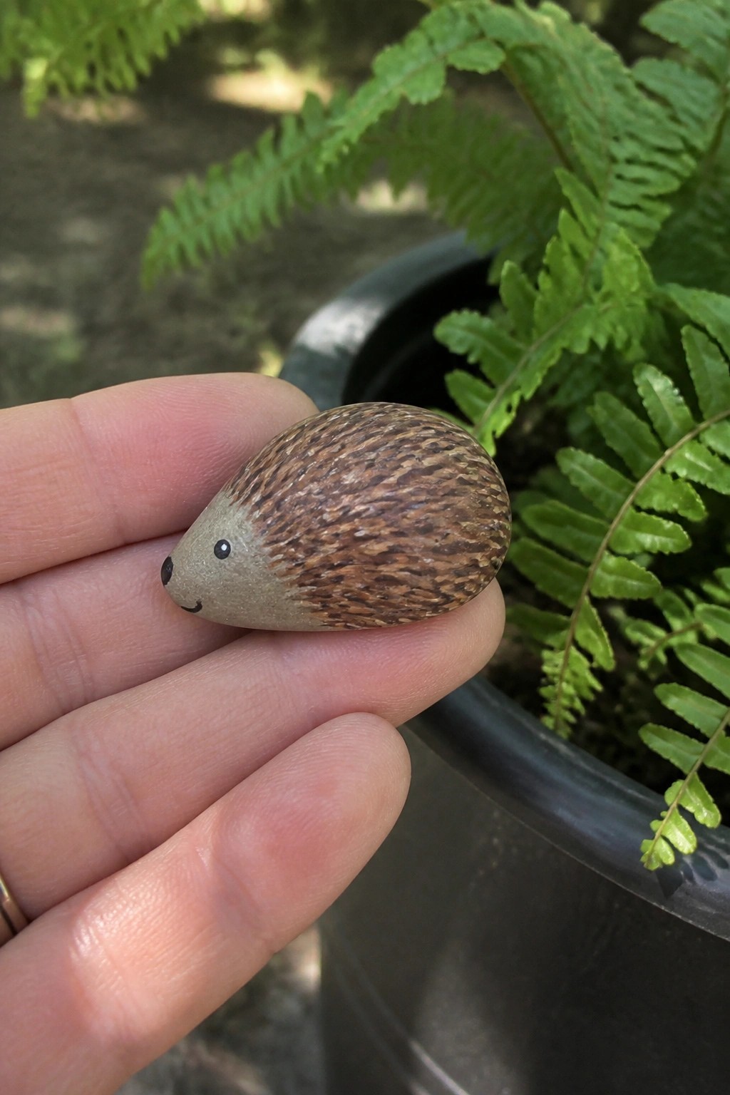 Hand holding small painted hedgehog rock beside green fern leaves in pot.