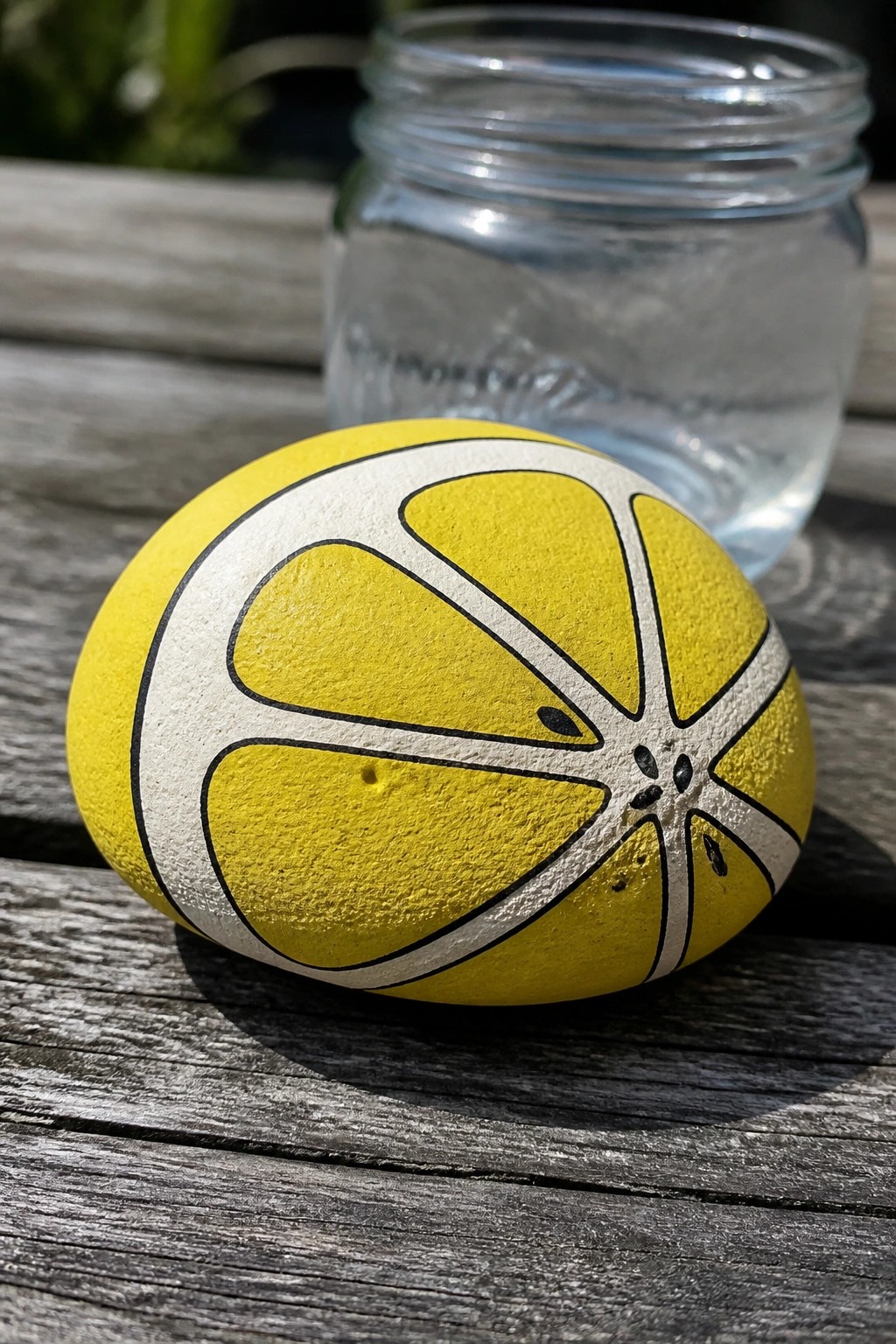 Yellow lemon-painted rock on wooden table beside clear glass jar.