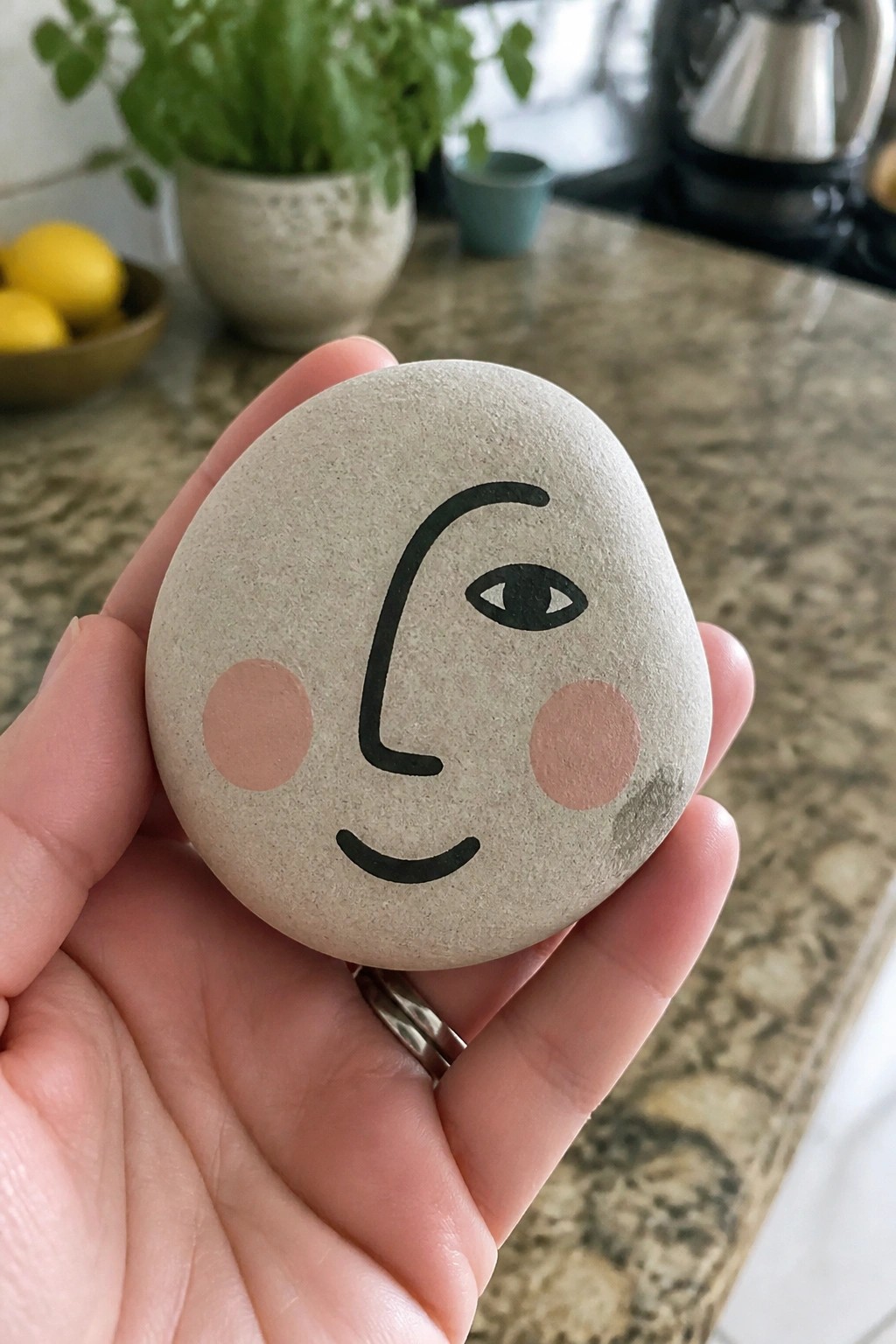 Hand holding smooth stone painted with minimalist face, black lines, and pink cheeks