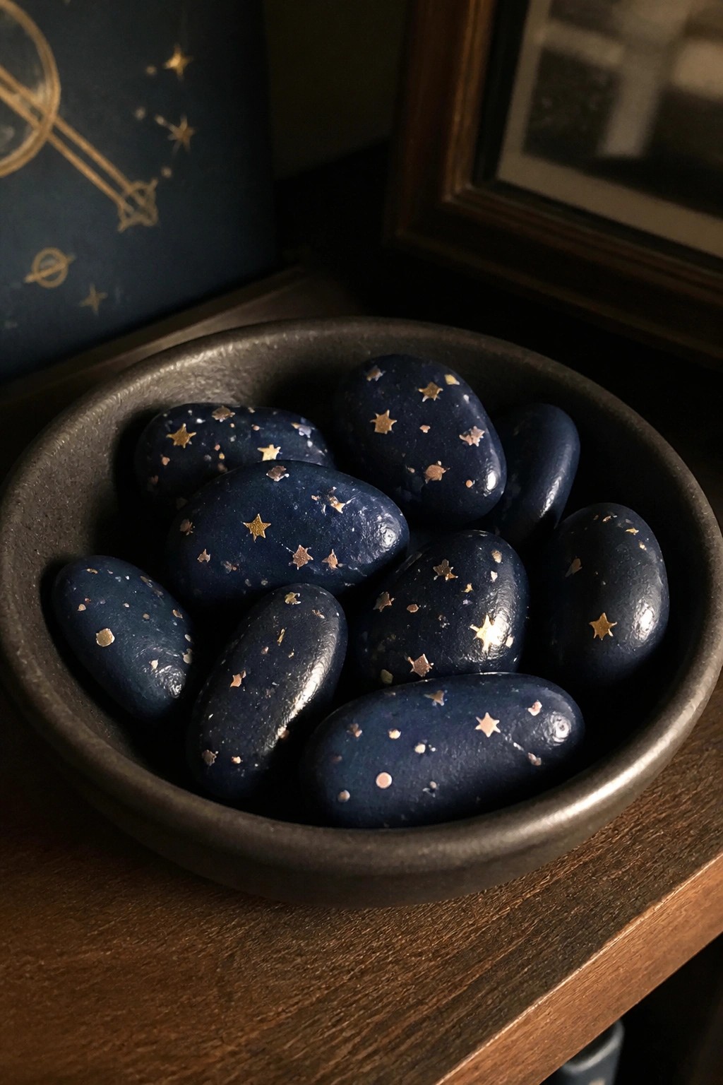 Dark bowl of navy stones painted with scattered gold stars and dots