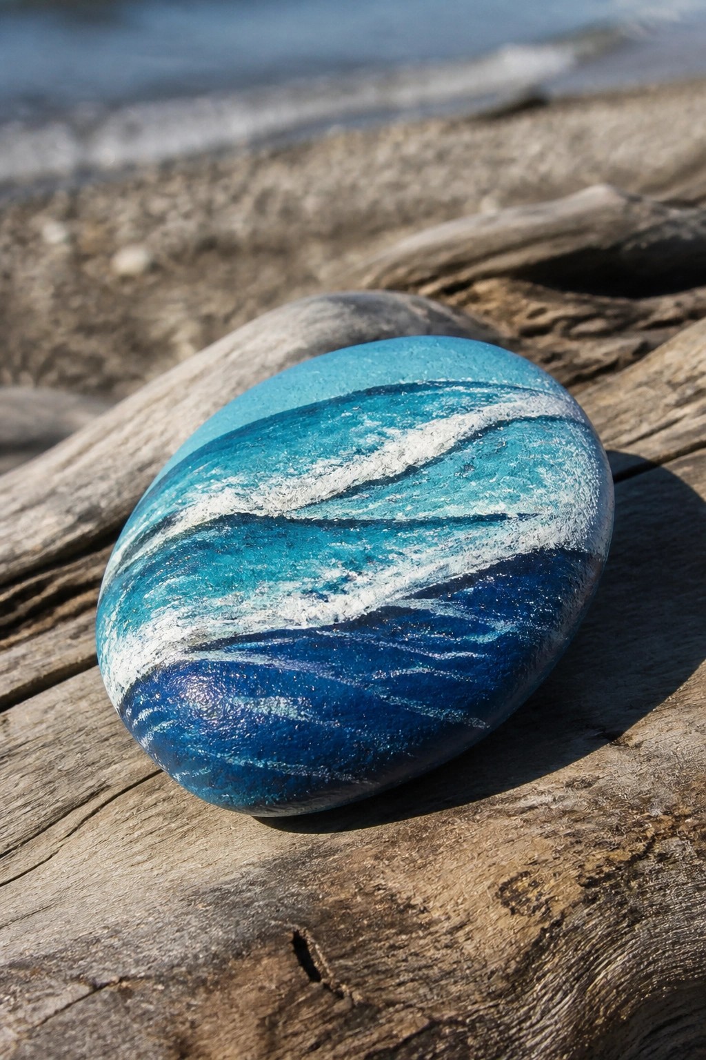 Smooth rock painted with blue ocean waves on weathered driftwood near shore