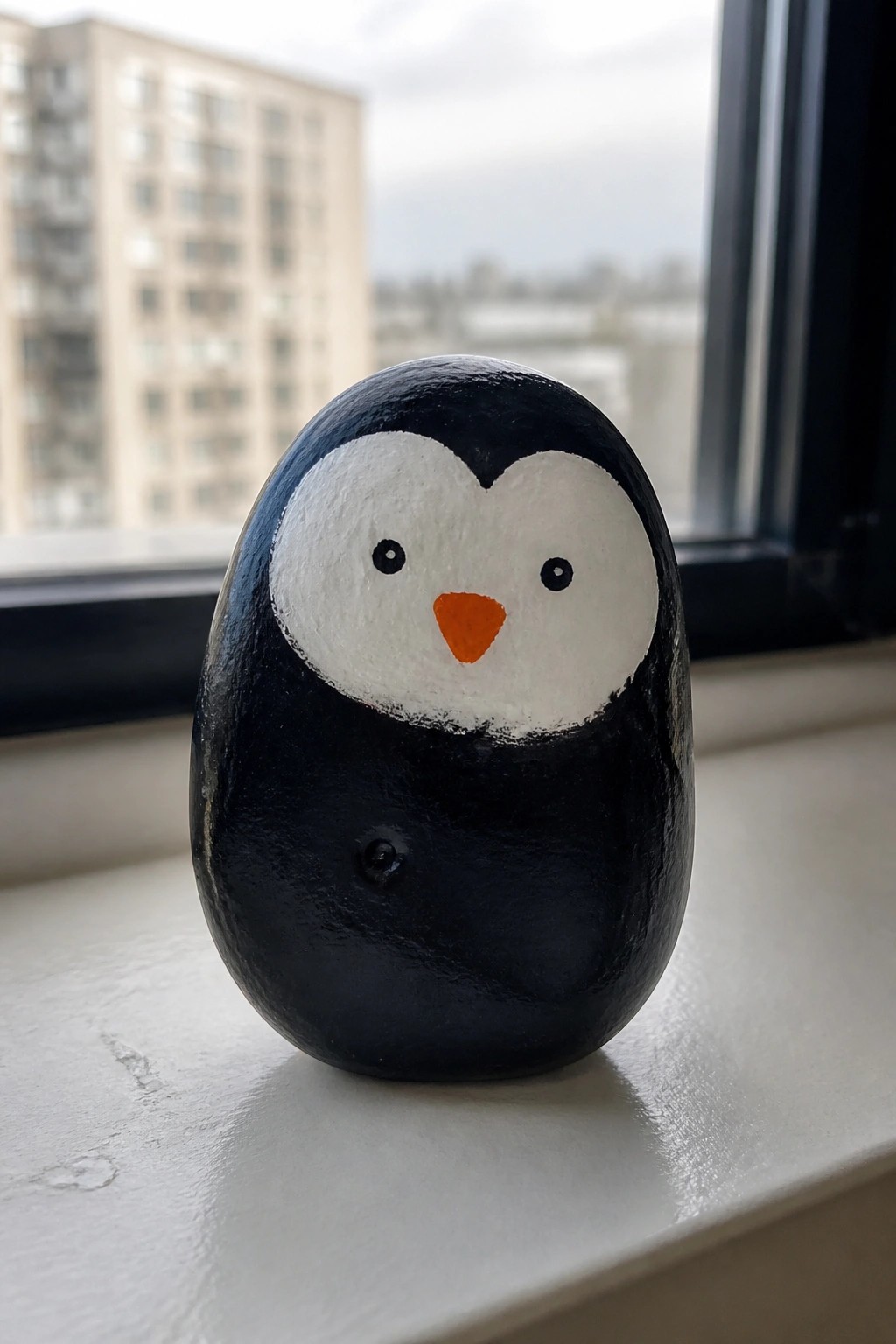 Painted black and white penguin rock with orange beak on a windowsill