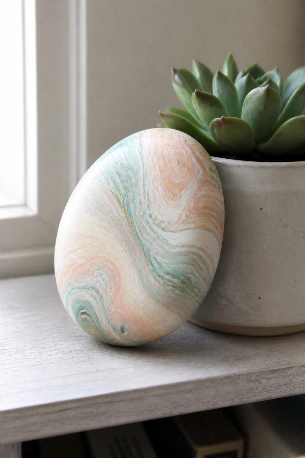 Pastel marbled egg with peach and teal swirls beside a potted succulent plant