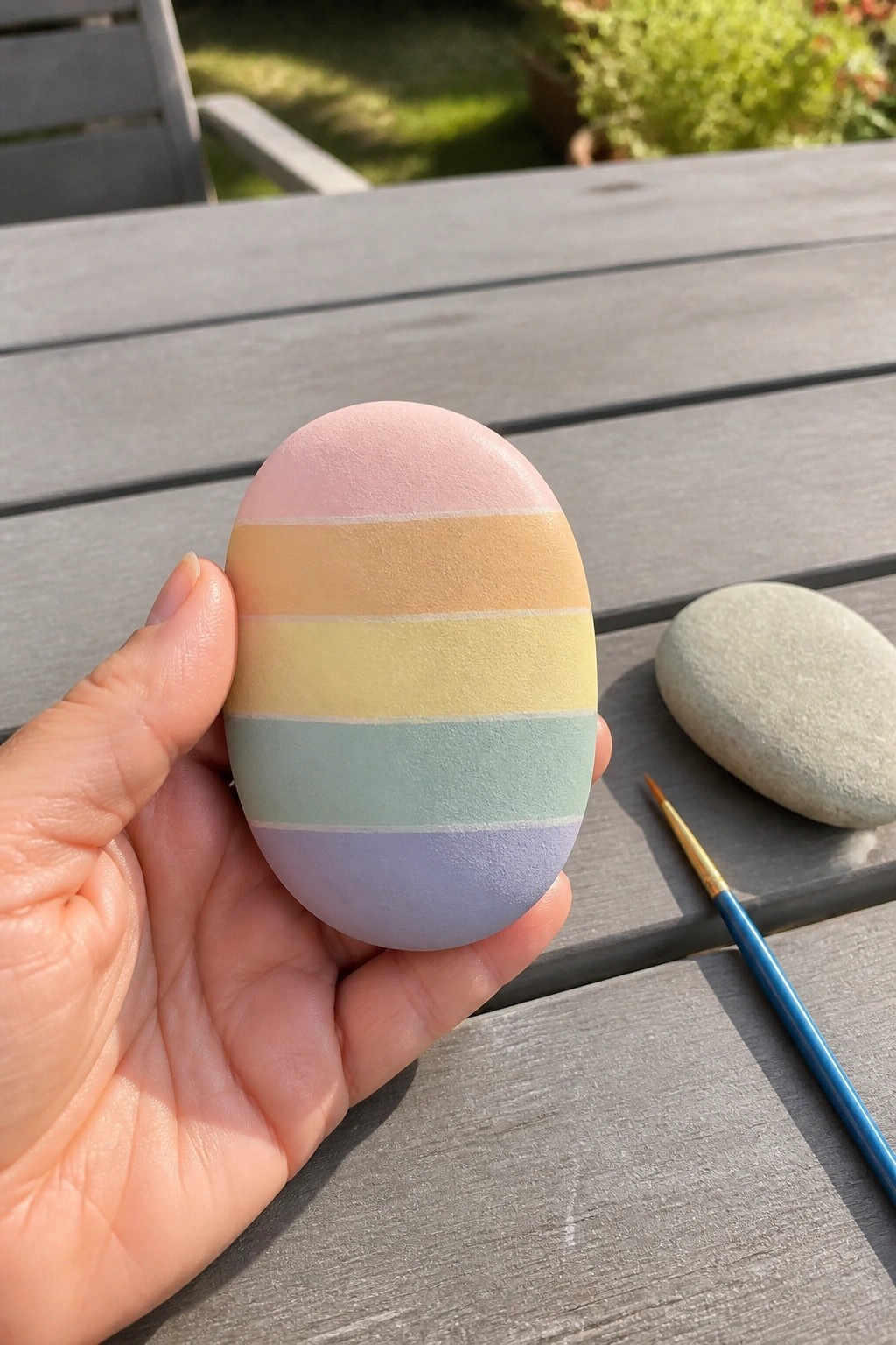 Hand holding pastel-striped painted egg stone near brush and plain rock on wood table
