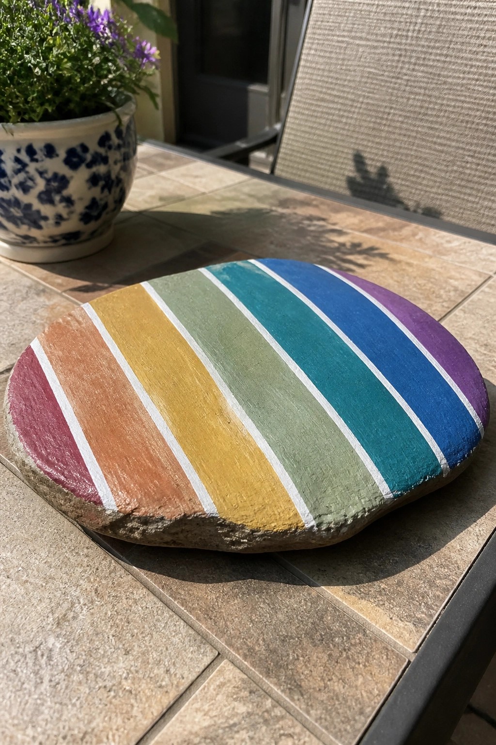 Rainbow-striped painted rock on tiled patio table near potted plant.
