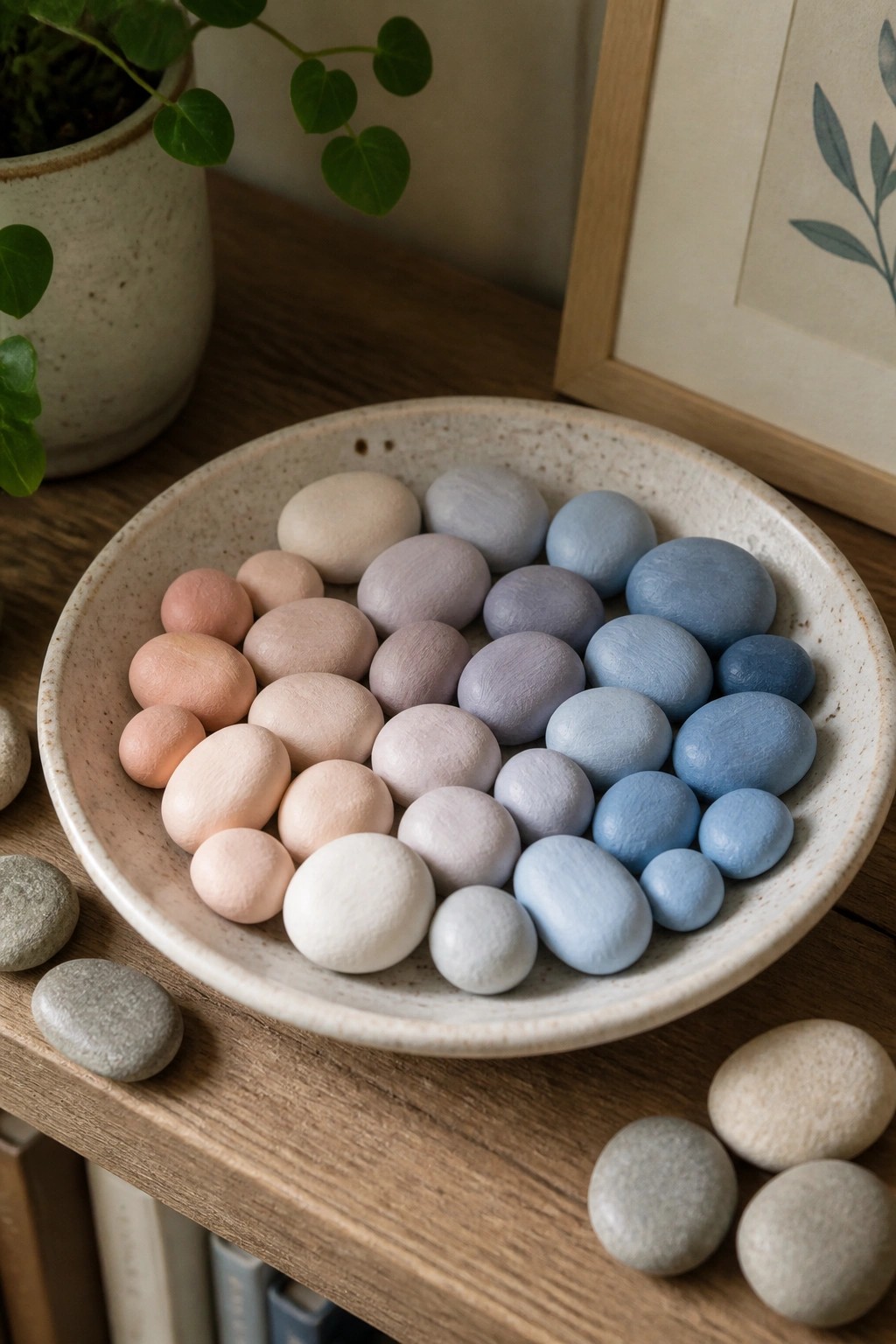 Ceramic bowl of smooth stones painted in soft pastel peach, lavender, and blue hues