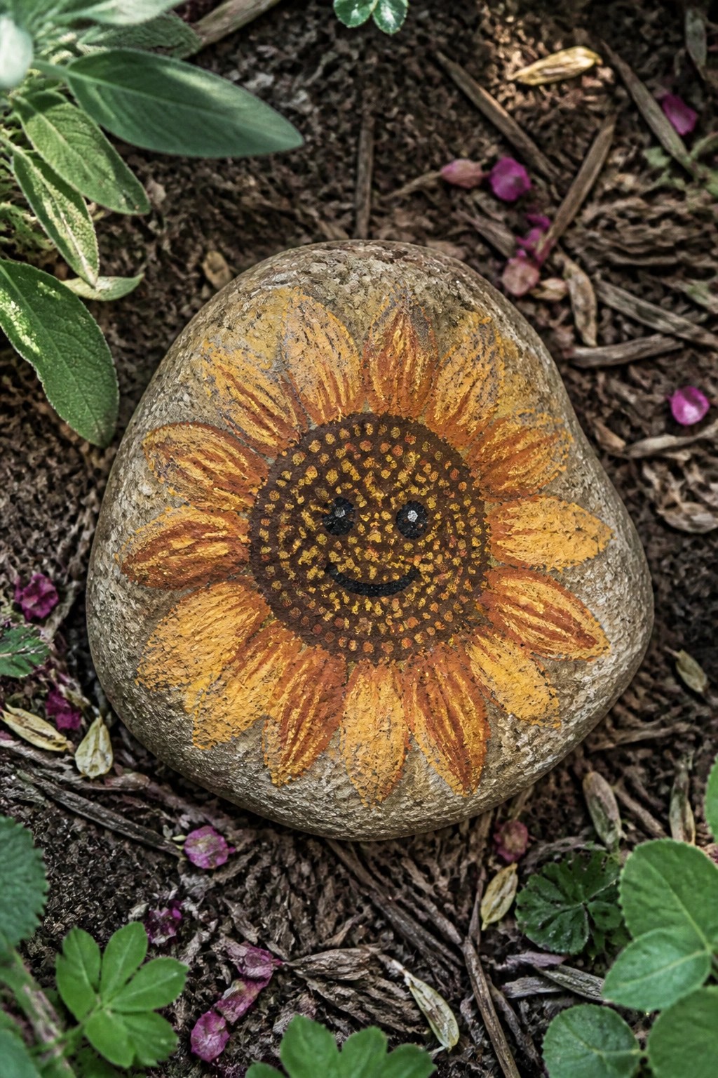 A rounded stone painted with a sunflower that has yellow-orange petals and a brown dotted center containing a simple smiley face, resting on garden soil.