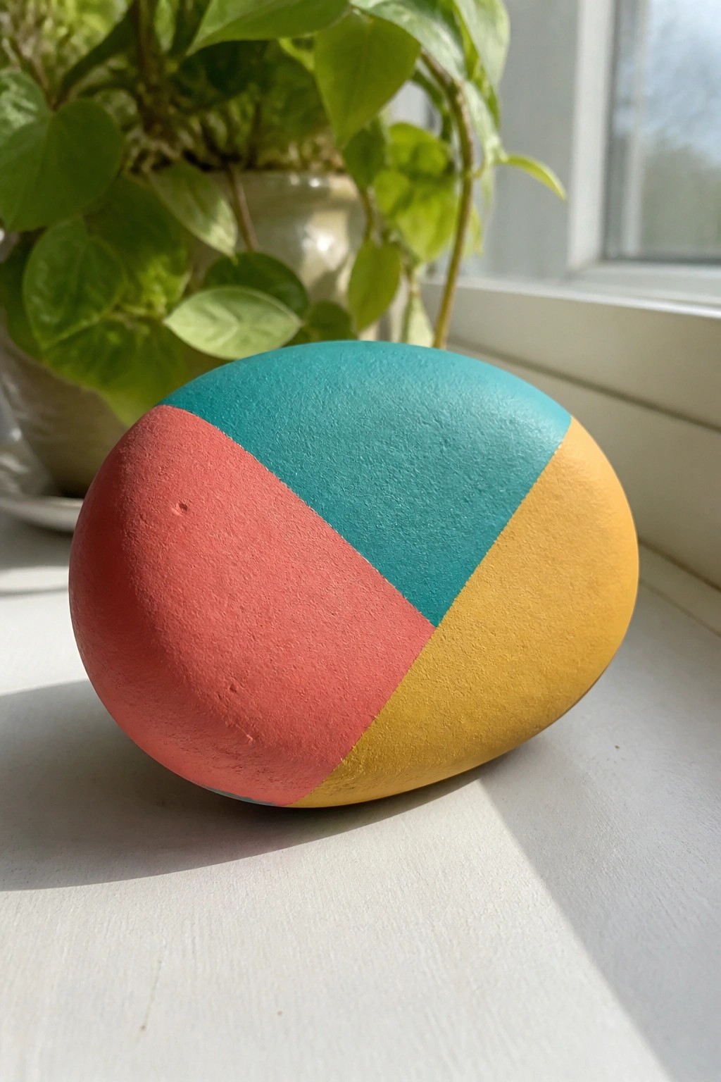 Oval stone painted red, teal, and yellow on white windowsill near green plant