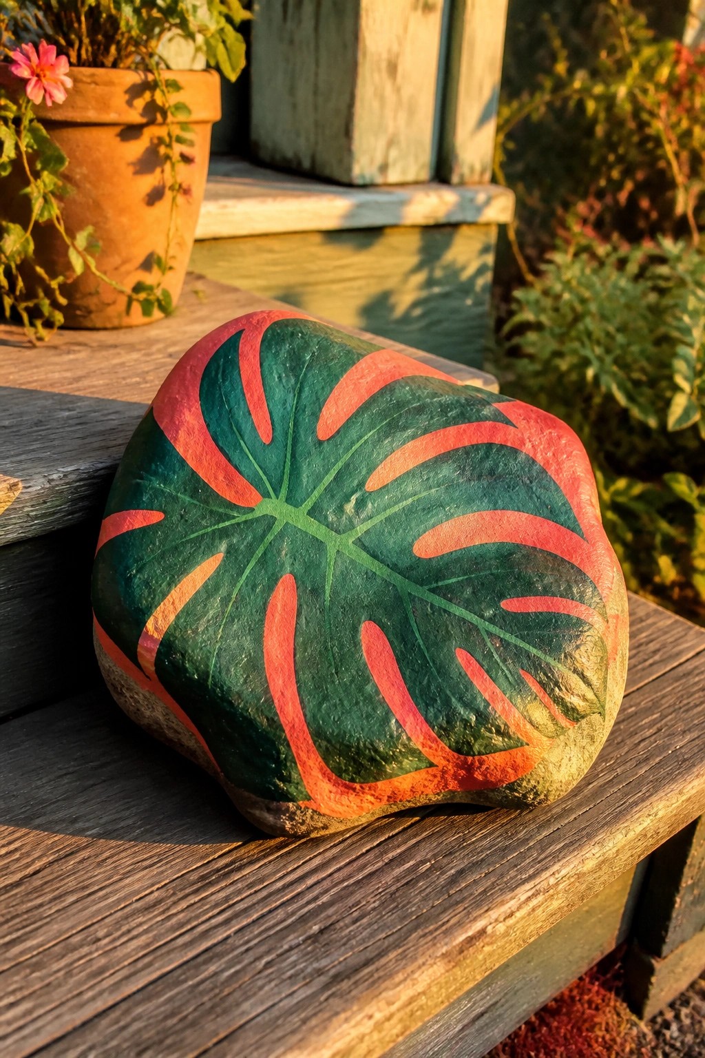Painted rock with green monstera leaf and red veins on wooden steps